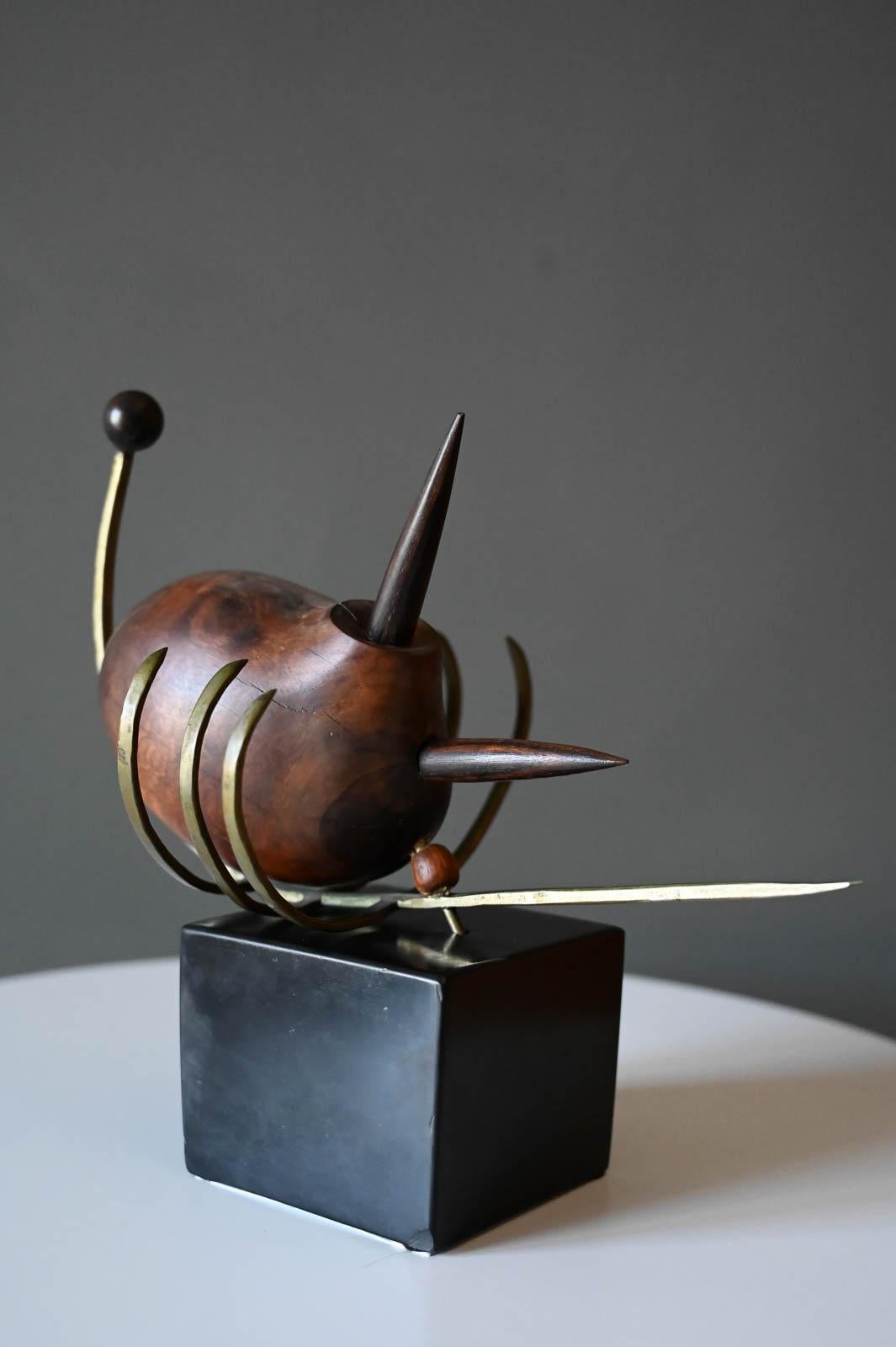 Mid-Century Modern Abstract Wood and Brass Scorpion Sculpture, circa 1965 For Sale