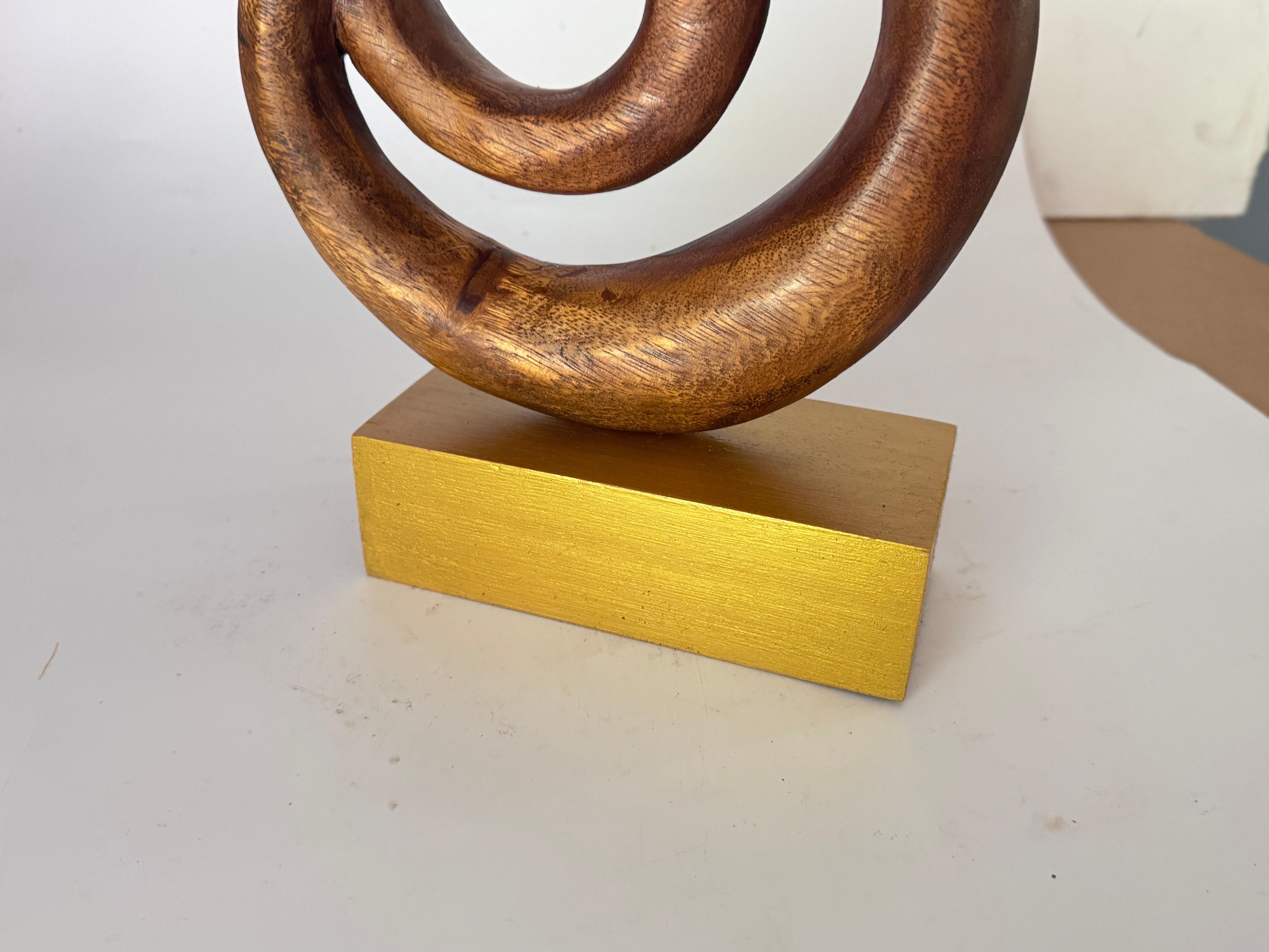 Late 20th Century Abstract Wood Sculpture, Brown and Gold color Base France 1970 For Sale