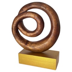 Vintage Abstract Wood Sculpture, Brown and Gold color Base France 1970