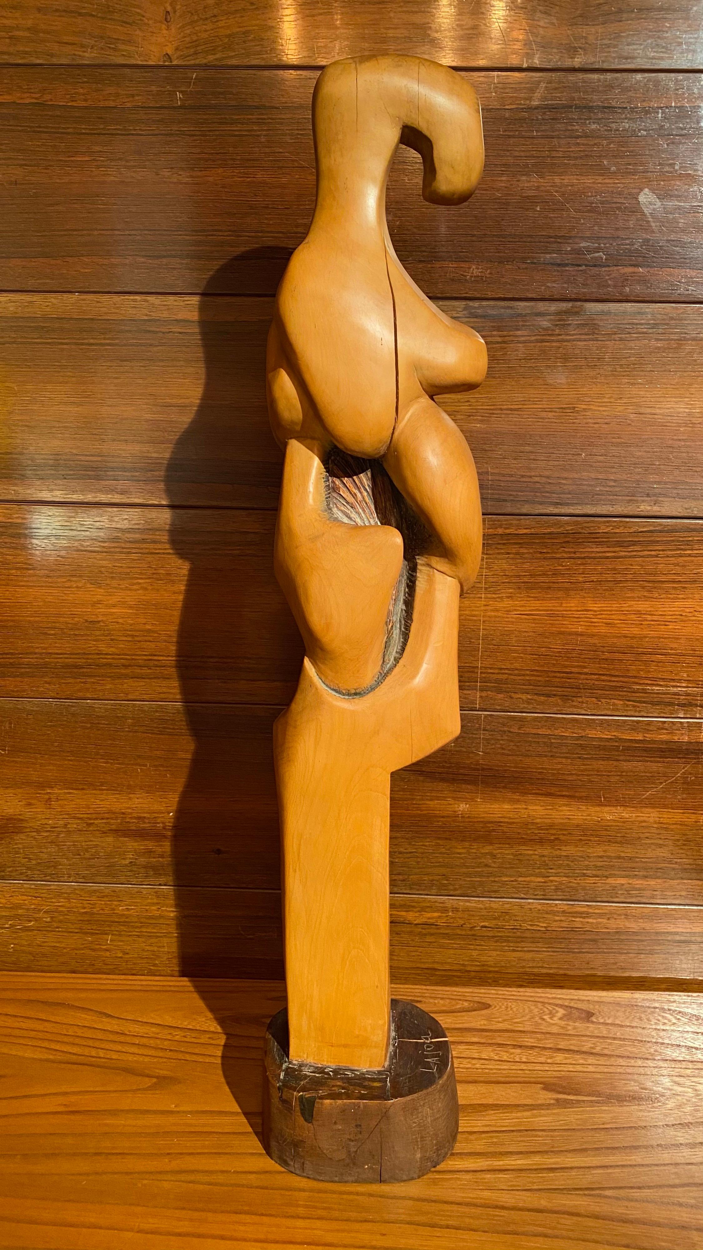 Olive Abstract Wood Sculpture, France 1970's For Sale