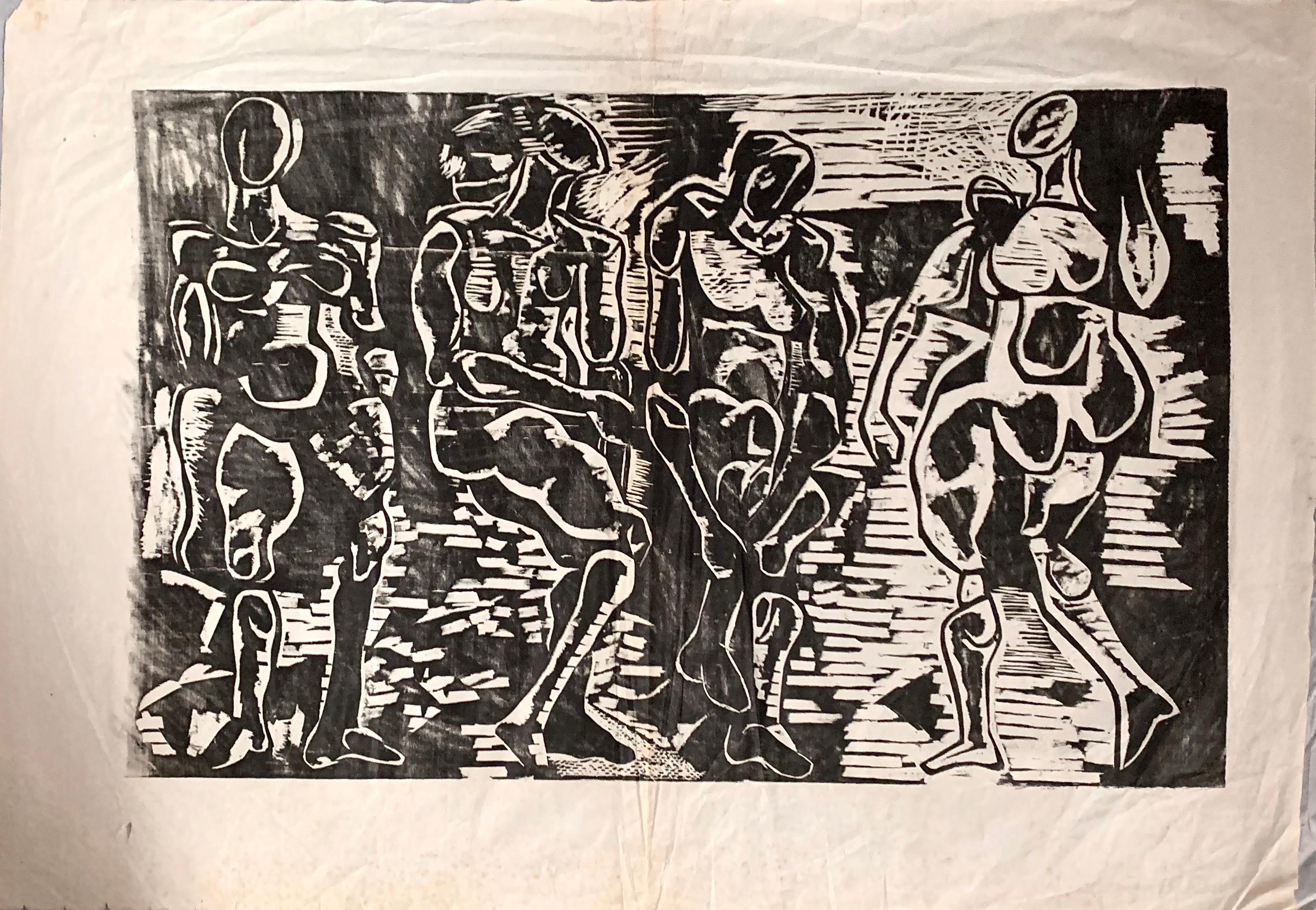 1950s abstract Expressionism Woodblock print on handmade paper

Gorgeous, graphic early work from Grippi. Experimentation with woodblock printing on handmade paper, inspired by the Japanese tradition and the 'primitivism' 'tribal' aesthetic that