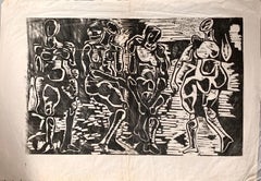 Abstract Woodblock Print Figural Black & White, Nudes, Salvatore Grippi,  1950s