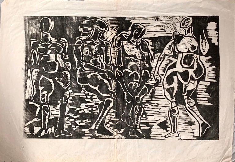 Abstract Woodblock Print Figural Black And White Nudes Salvatore