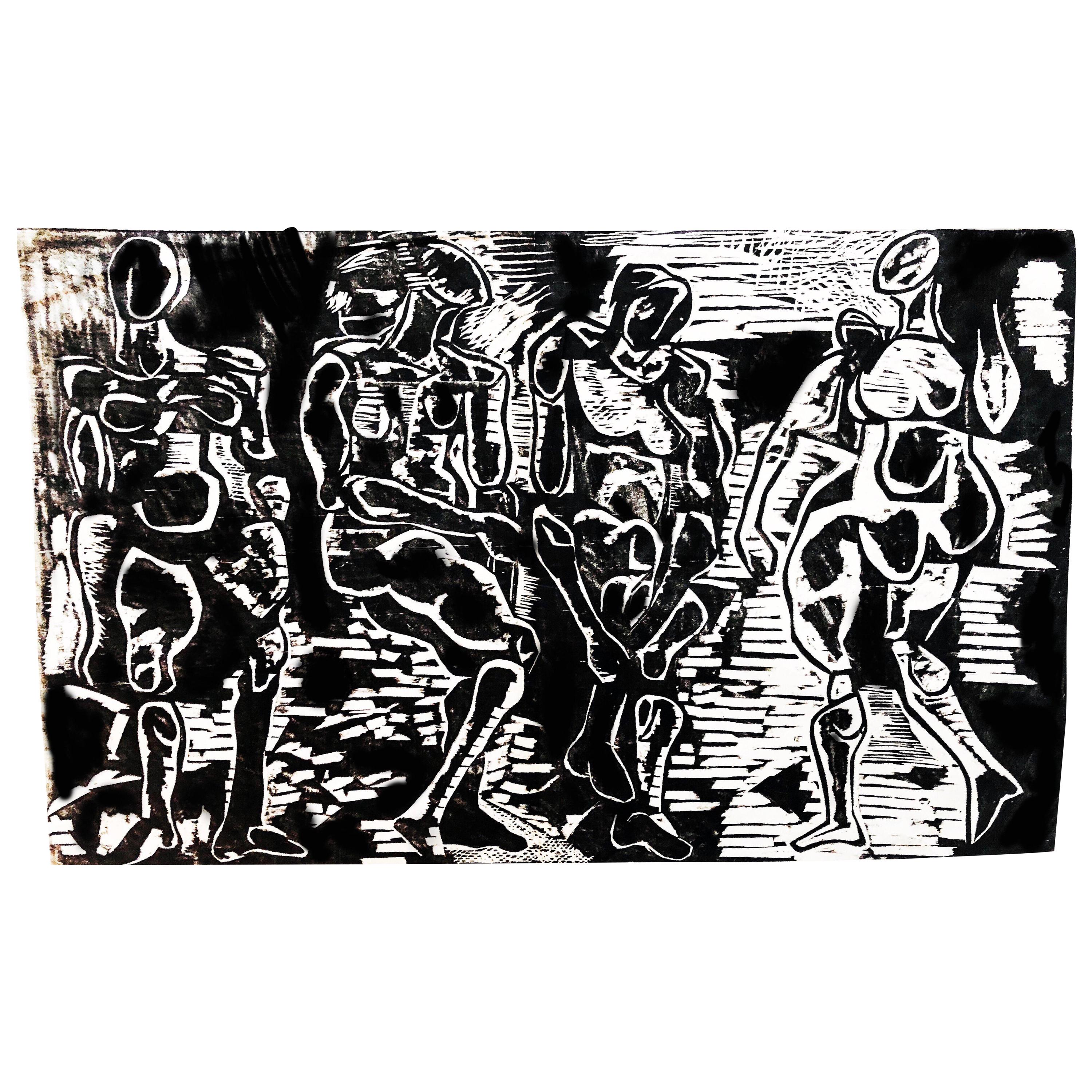 Impression abstraite sur bois figurative noir et blanc, Nus, Salvatore Grippi  1950s