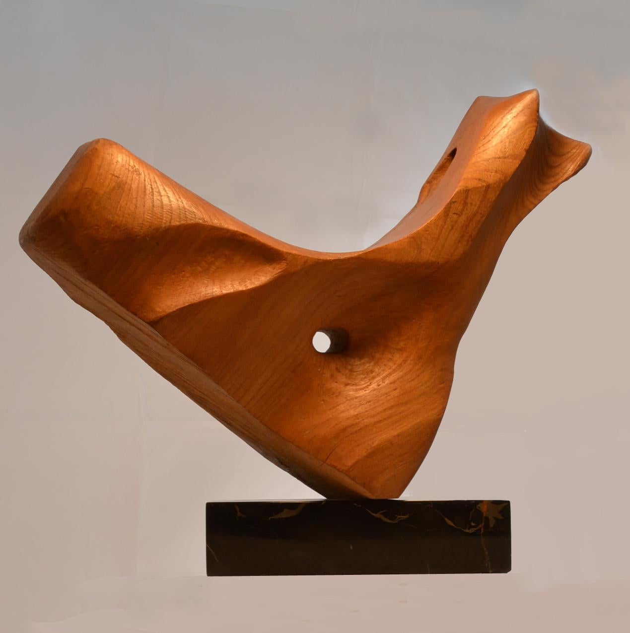 Dynamic abstract oak wooden sculpture on a black and gold marble plinth.
hand-carved and signed by E. Robson 1971, England.


 