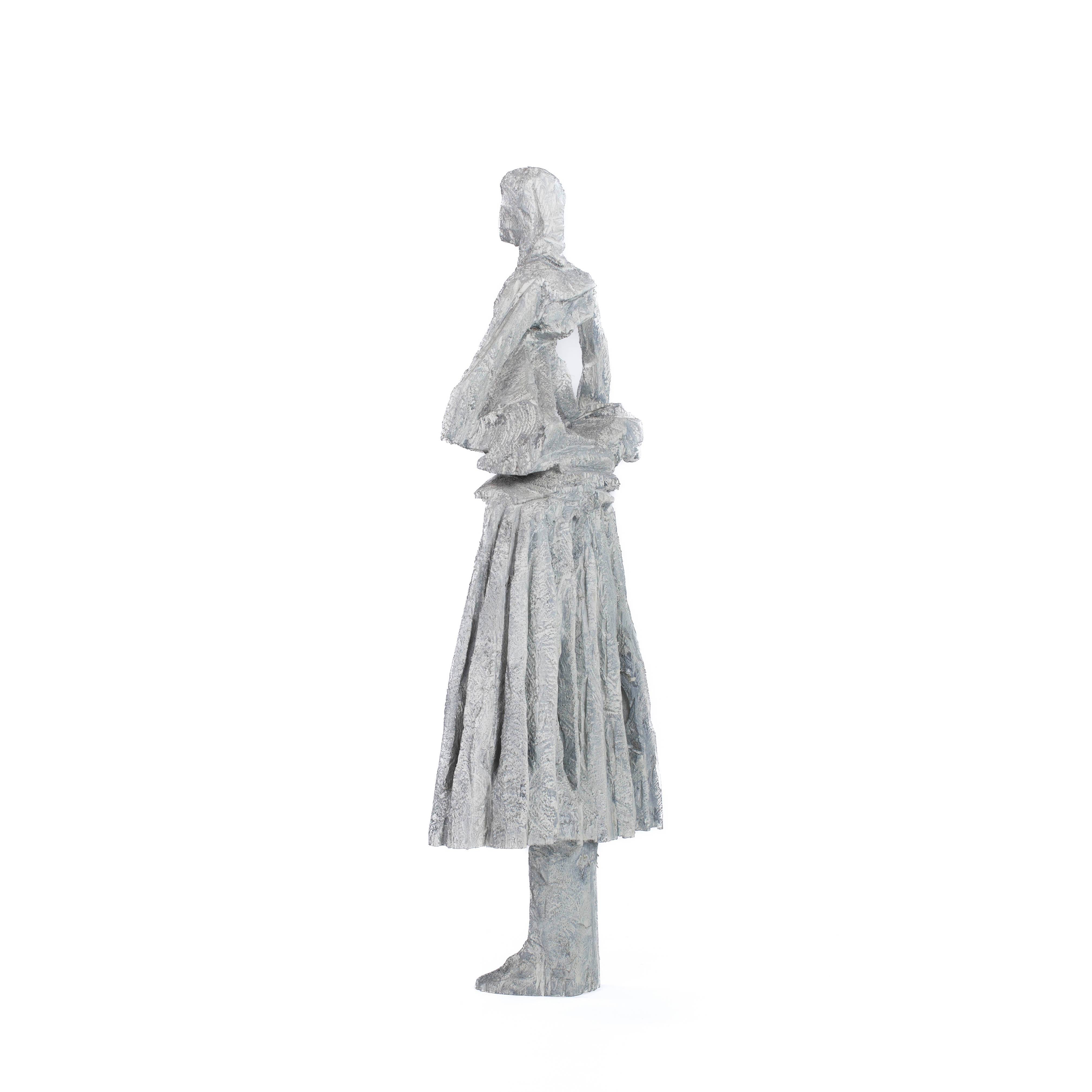 Hand-Carved Abstract Wooden Grey-White Sculpture “Free to Turn