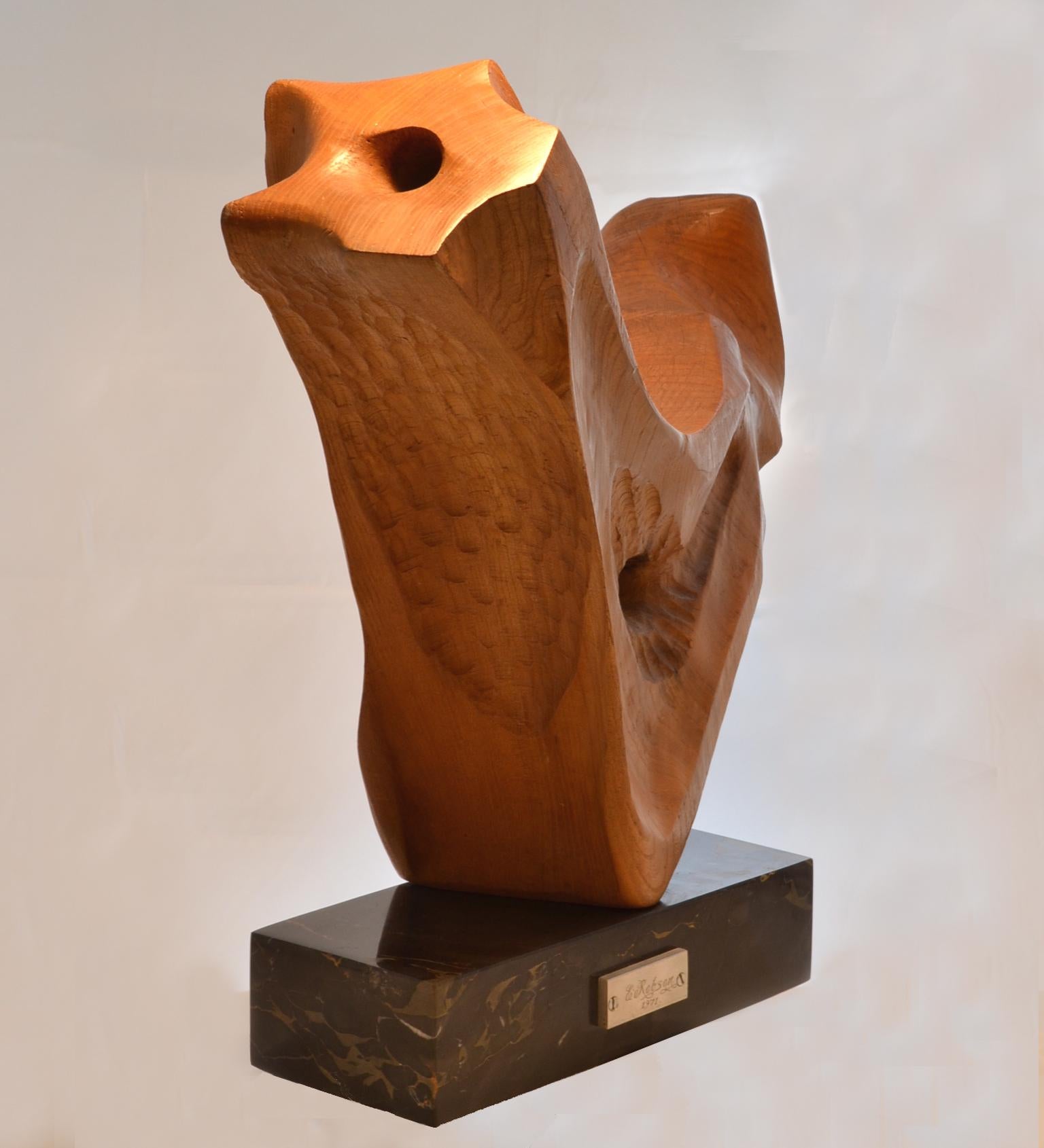 Mid-Century Modern Abstract Wooden Hand Carved Sculpture by UK Robson 1971 For Sale