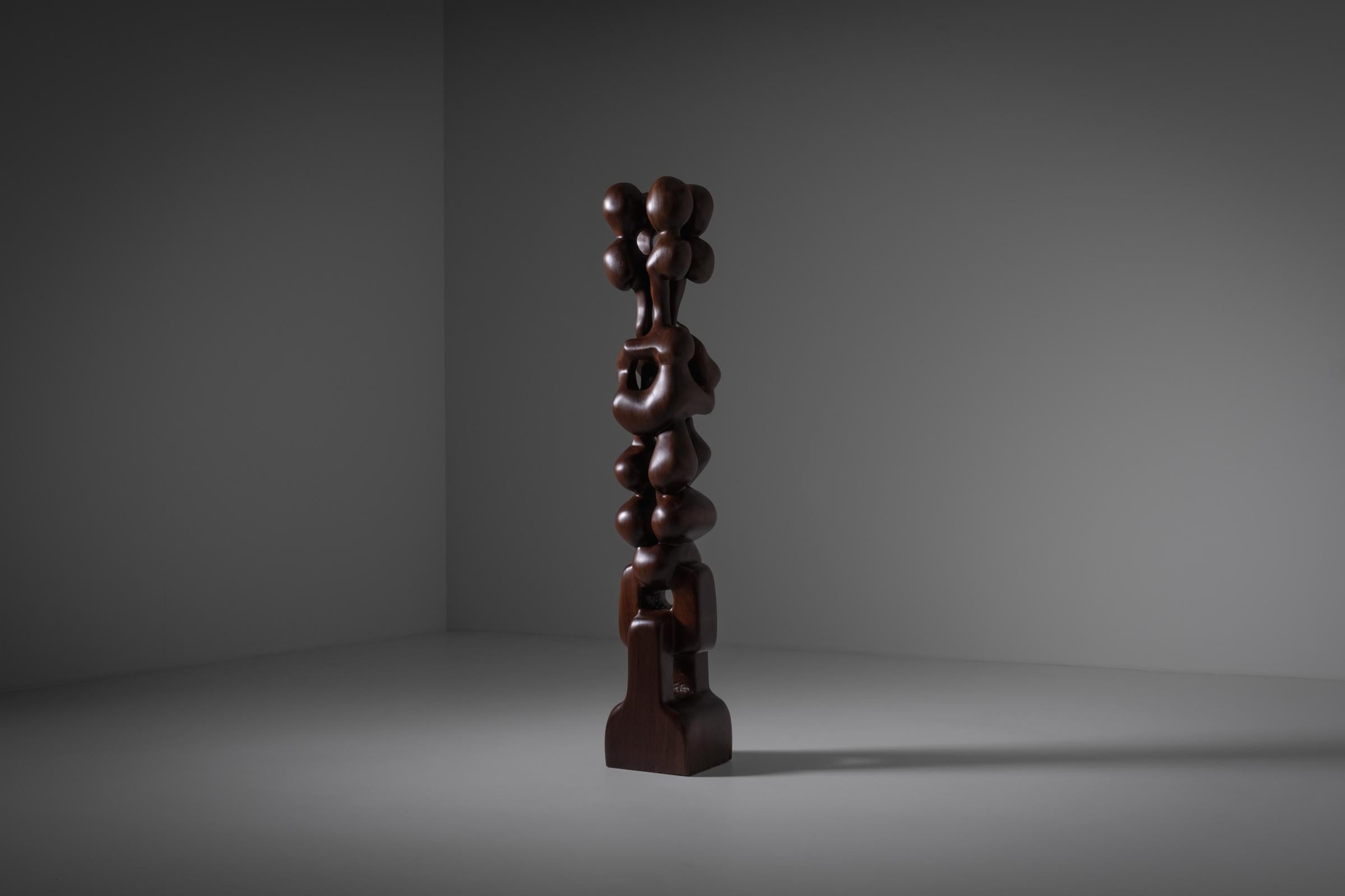 Hand-Carved Abstract wooden totem sculpture by R. van ’t Zelfde, 1970s