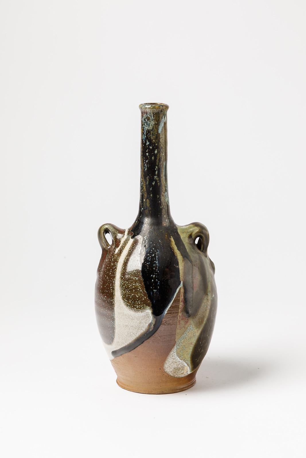 Vase bouteille abstrait en céramique colorée du 20ème siècle signé DOIX 1970 Design Excellent état - En vente à Neuilly-en- sancerre, FR