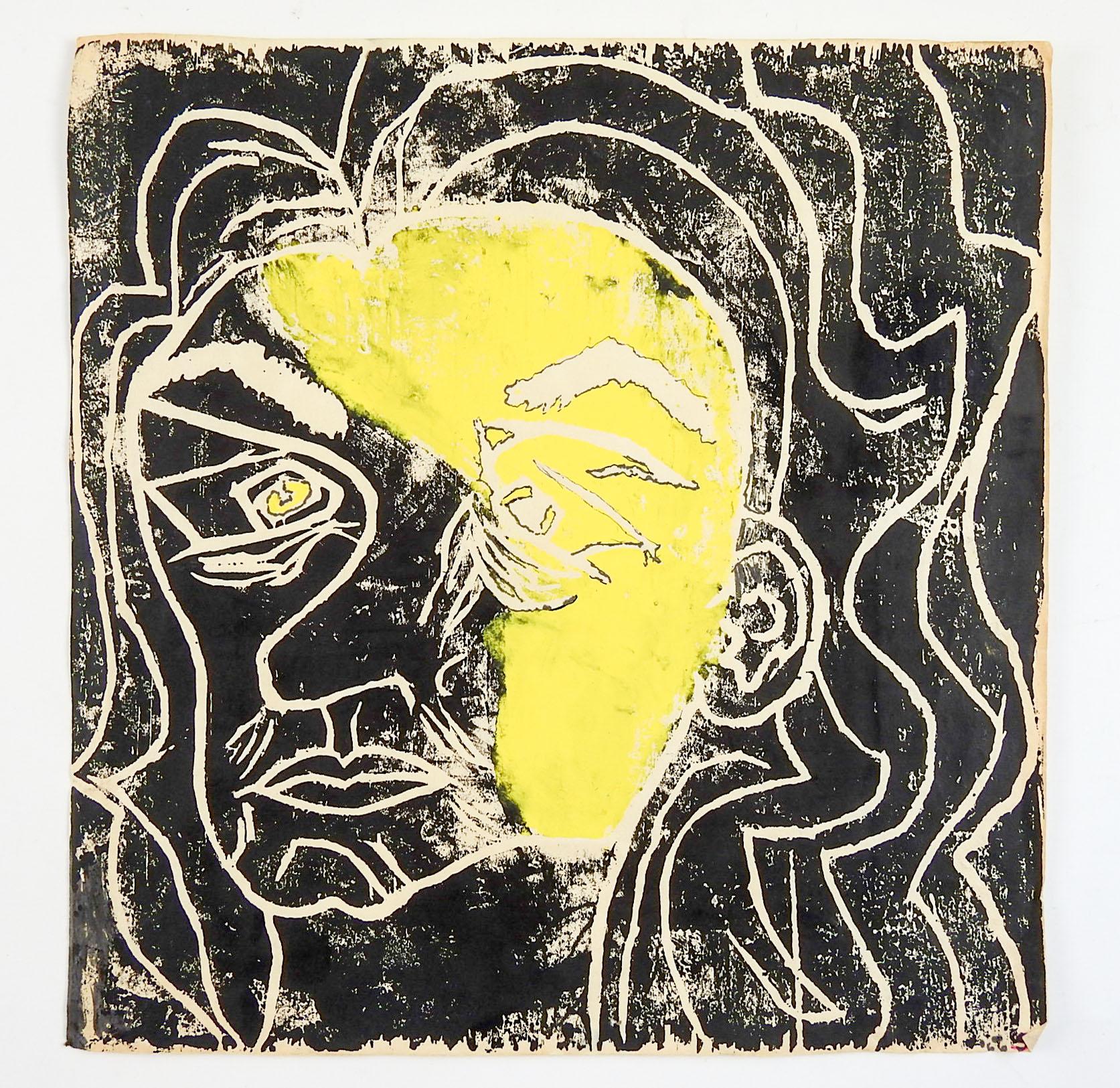 Vintage mid 20th century abstract block print portrait in yellow and black. Unsigned. Unframed, age toning, edge wear.