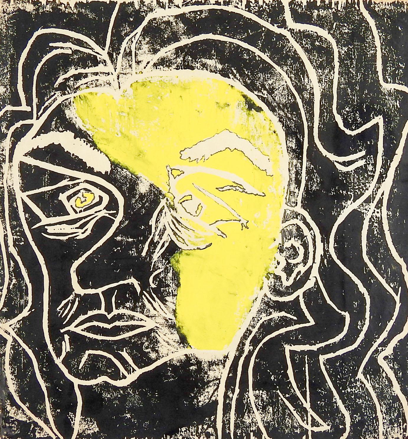Modern Abstract Yellow and Black Portrait Block Print For Sale