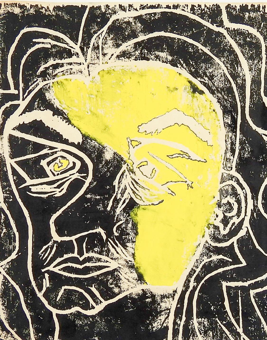 American Abstract Yellow and Black Portrait Block Print For Sale
