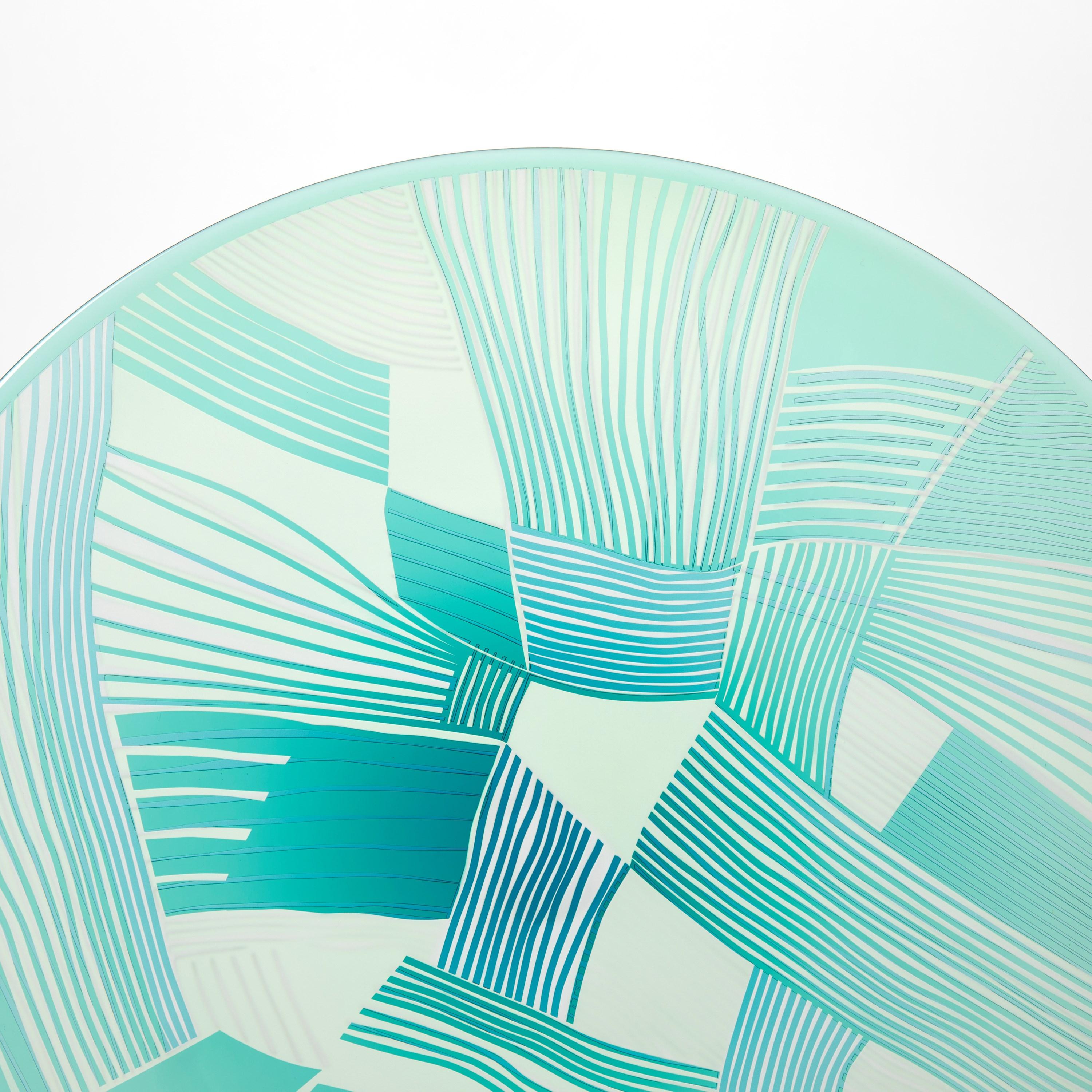 Hand-Crafted Abstracted Land Aqua Blue over Grass Green, a cut glass artwork by Kate Jones For Sale