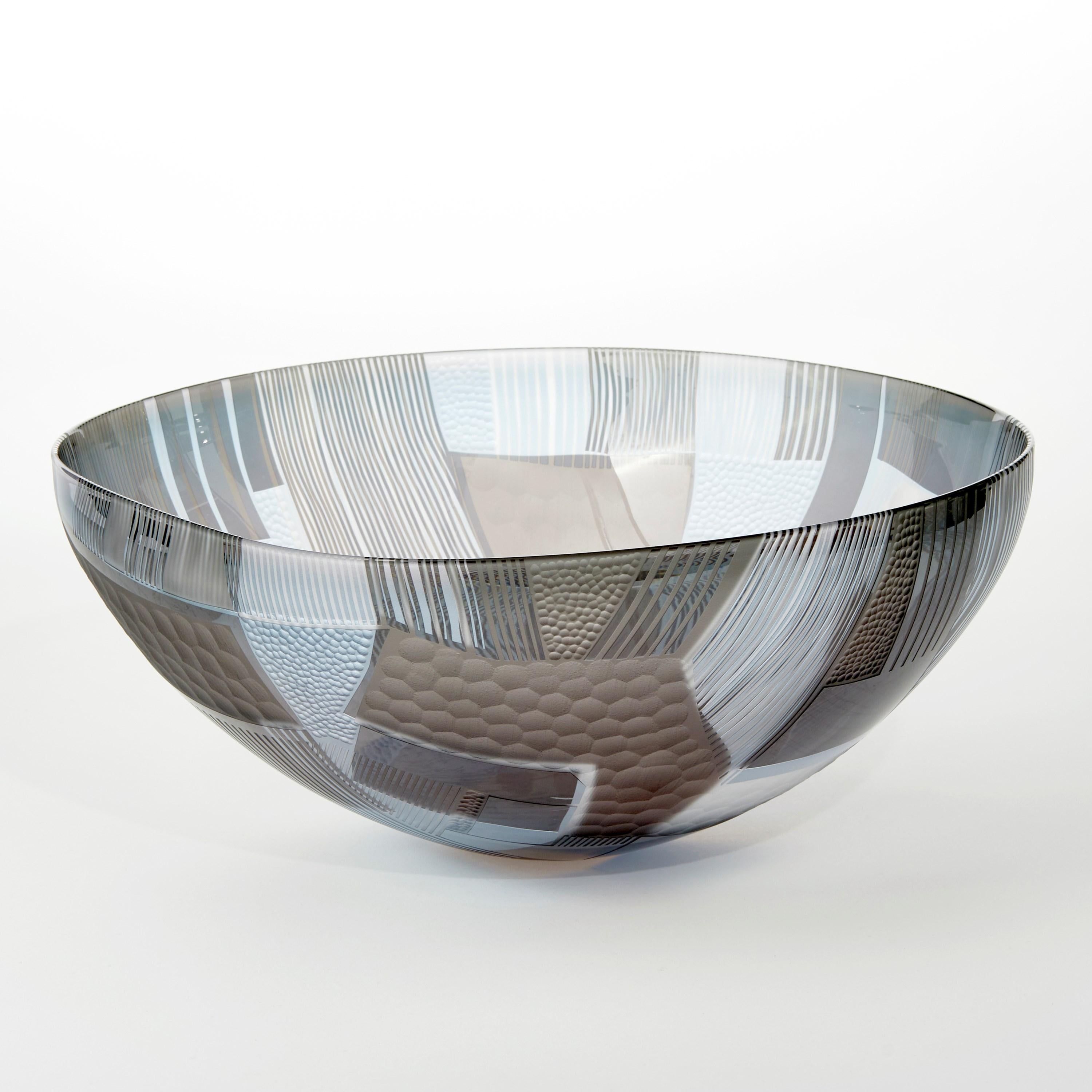 Organic Modern Abstracted Land Winter Blue over Sky Grey, a cut glass bowl by Kate Jones For Sale