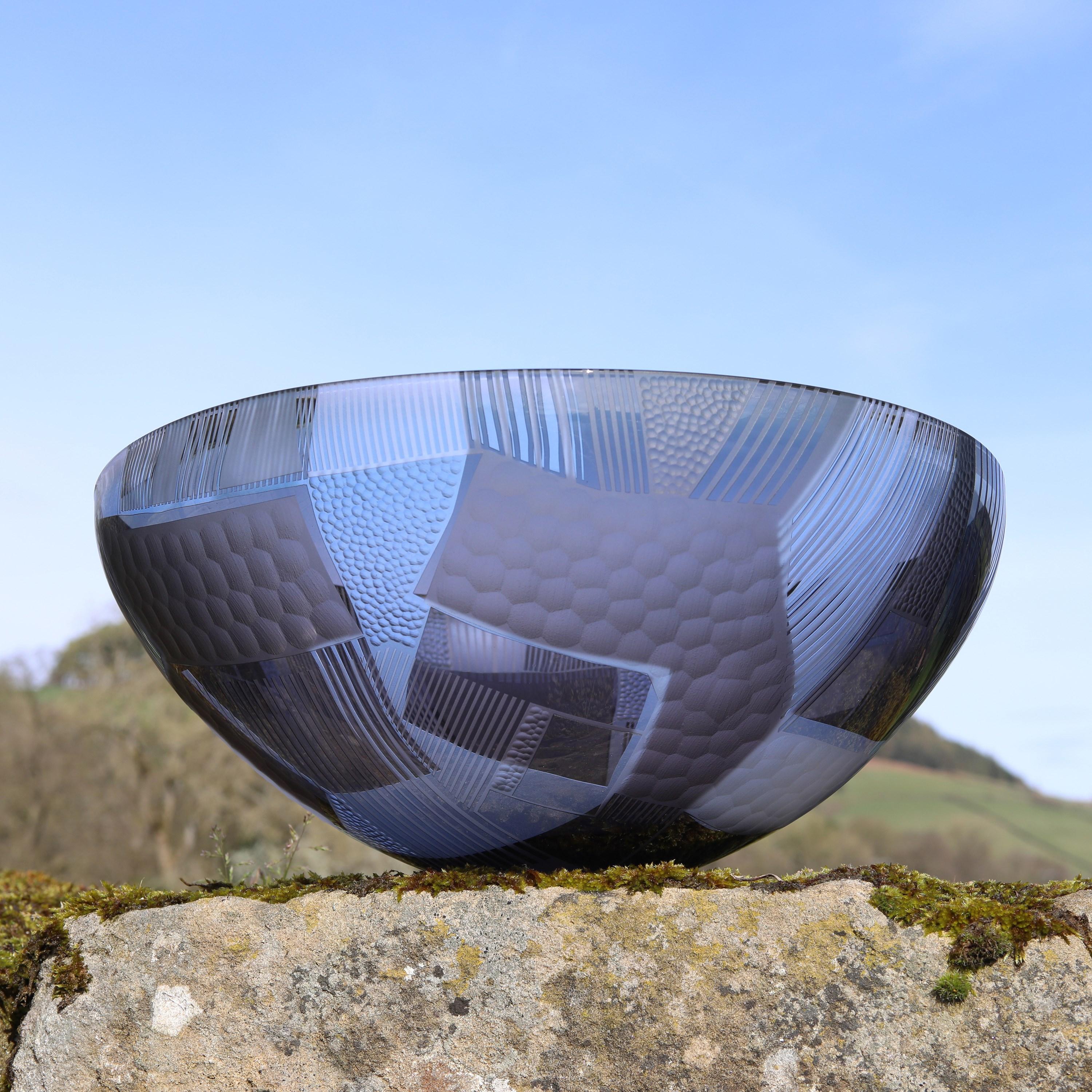 British Abstracted Land Winter Blue over Sky Grey, a cut glass bowl by Kate Jones For Sale