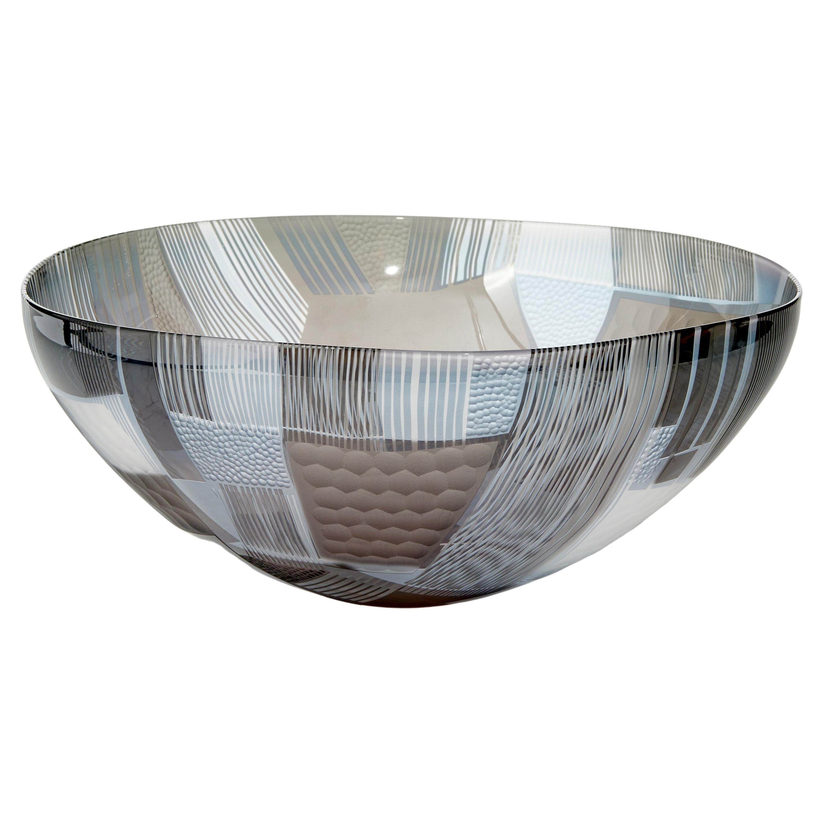 Abstracted Land Winter Blue over Sky Grey, a cut glass bowl by Kate Jones For Sale