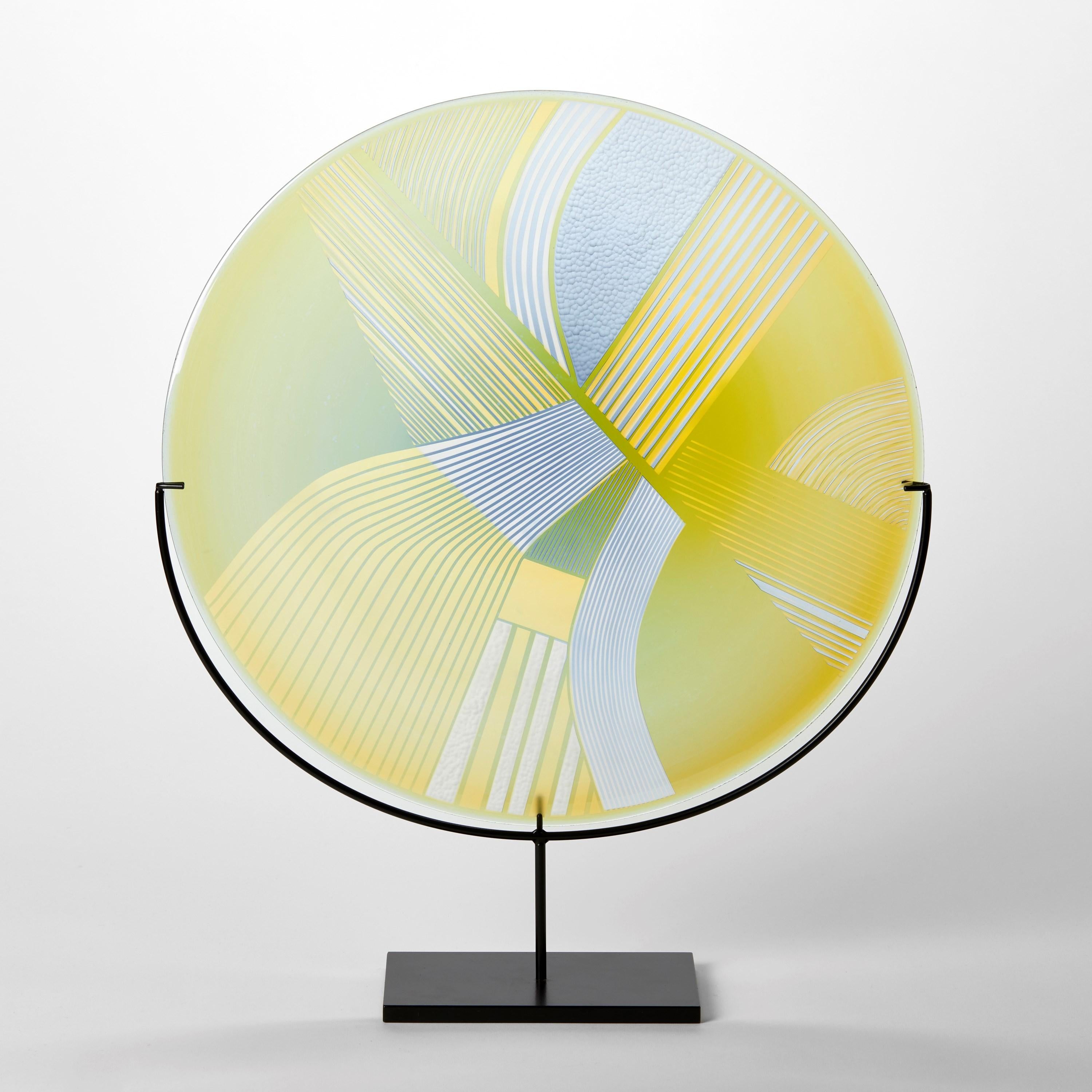 'Abstracted Land Yellow over Steel Blue' is a unique handblown and cut glass artwork by the British artist, Kate Jones of Gillies Jones.

In the artist's own words:

“This new body of work references both the evident structure of the landscape and