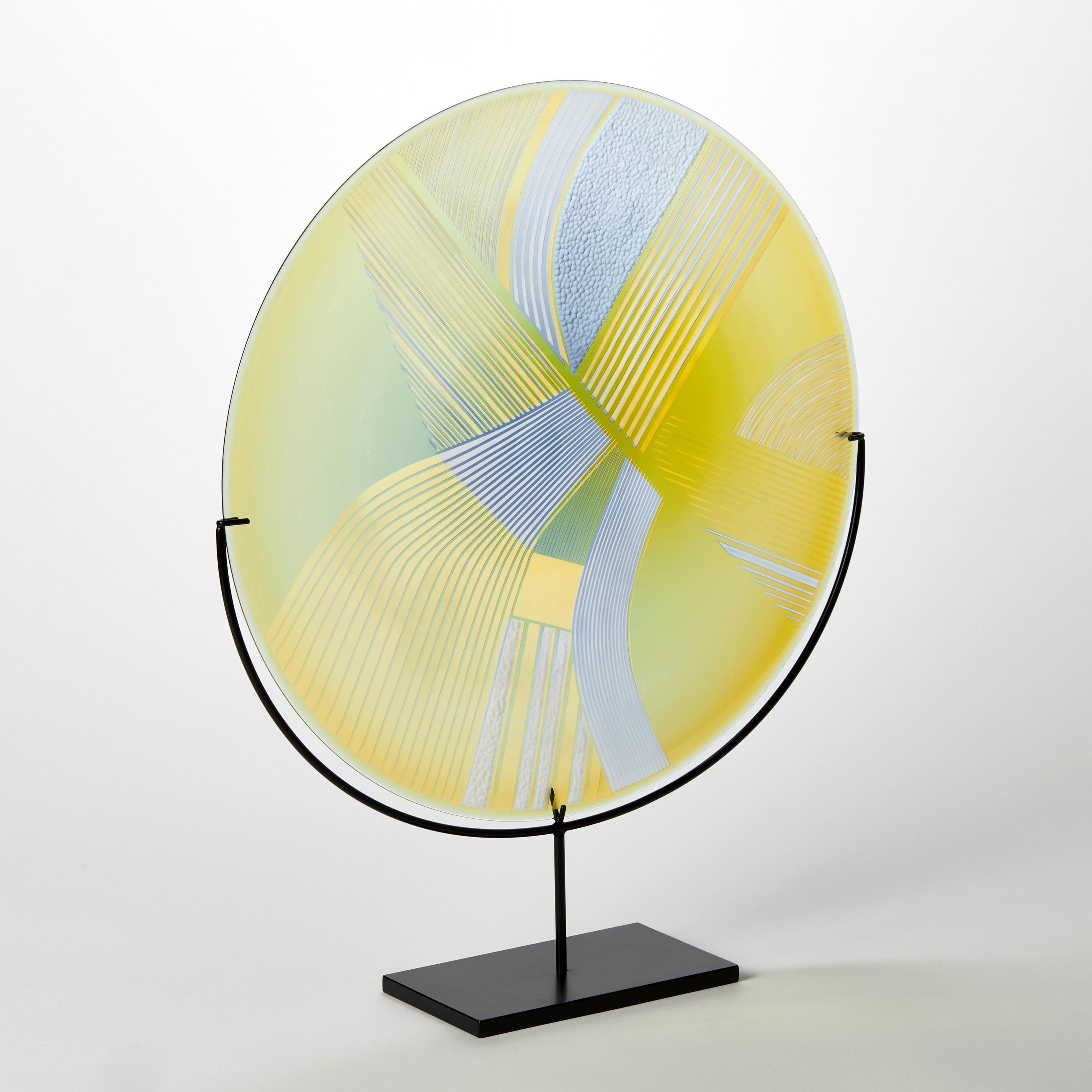 Organic Modern Abstracted Land Yellow over Steel Blue, a cut glass sculpture by Kate Jones For Sale