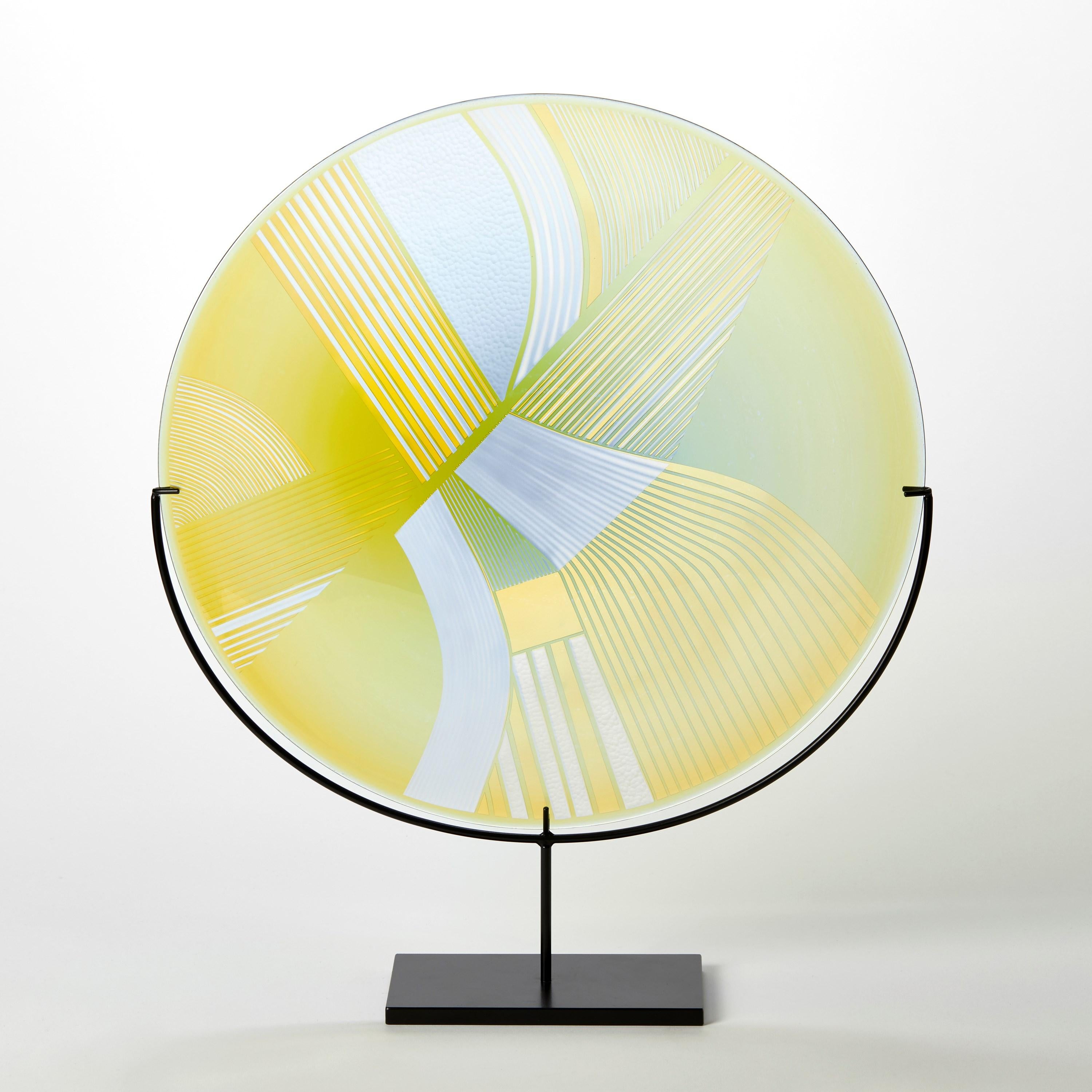 British Abstracted Land Yellow over Steel Blue, a cut glass sculpture by Kate Jones For Sale