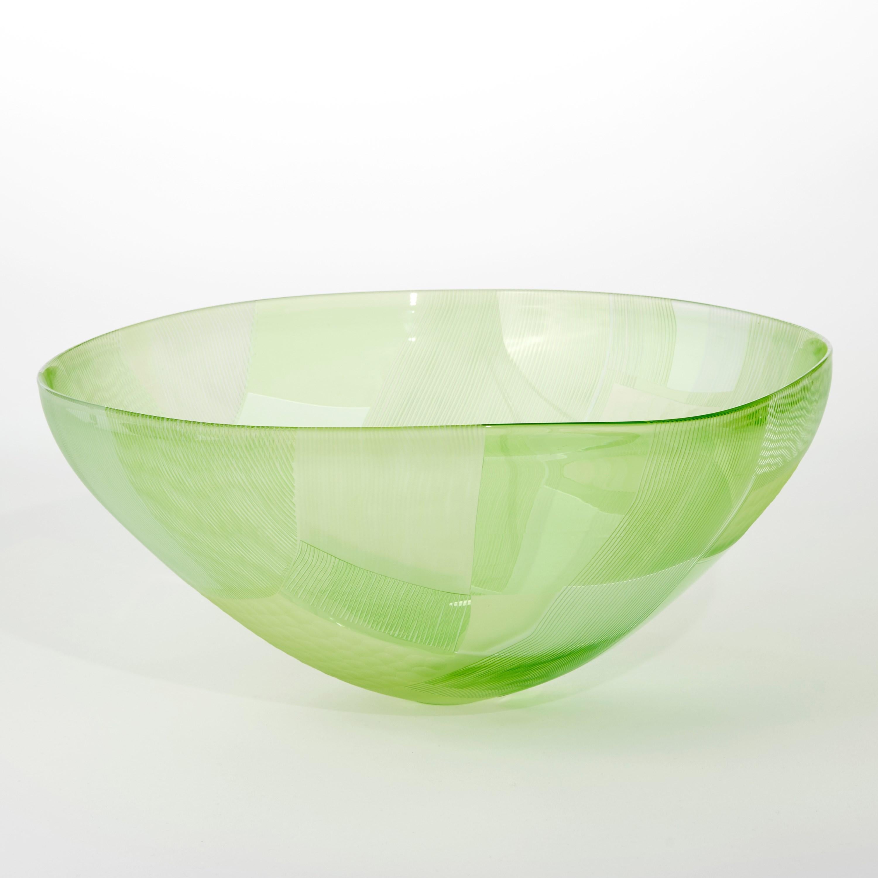 Organic Modern Abstracted Land Moss Green over Spring Green, a cut glass bowl by Kate Jones For Sale
