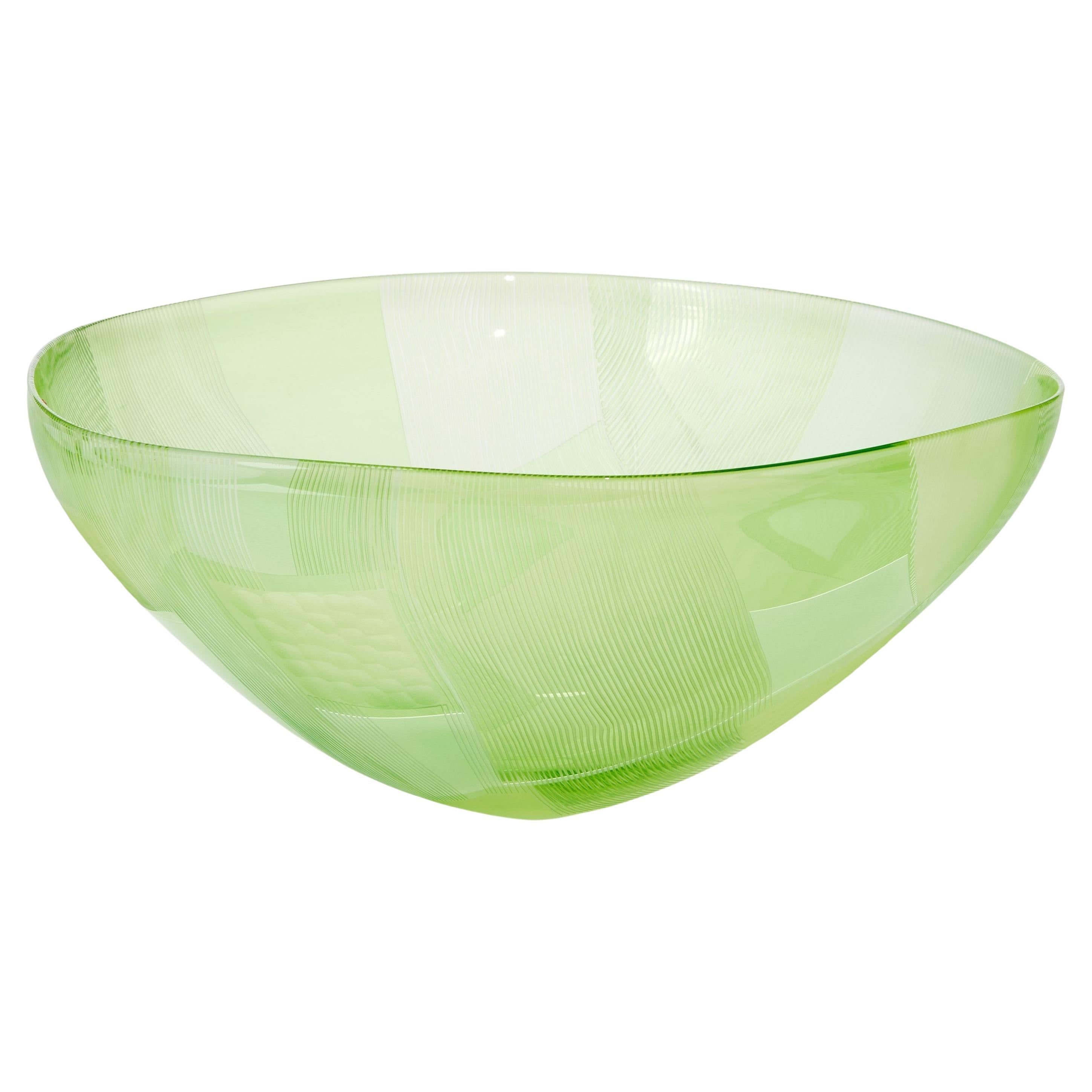 Abstracted Land Moss Green over Spring Green, a cut glass bowl by Kate Jones For Sale