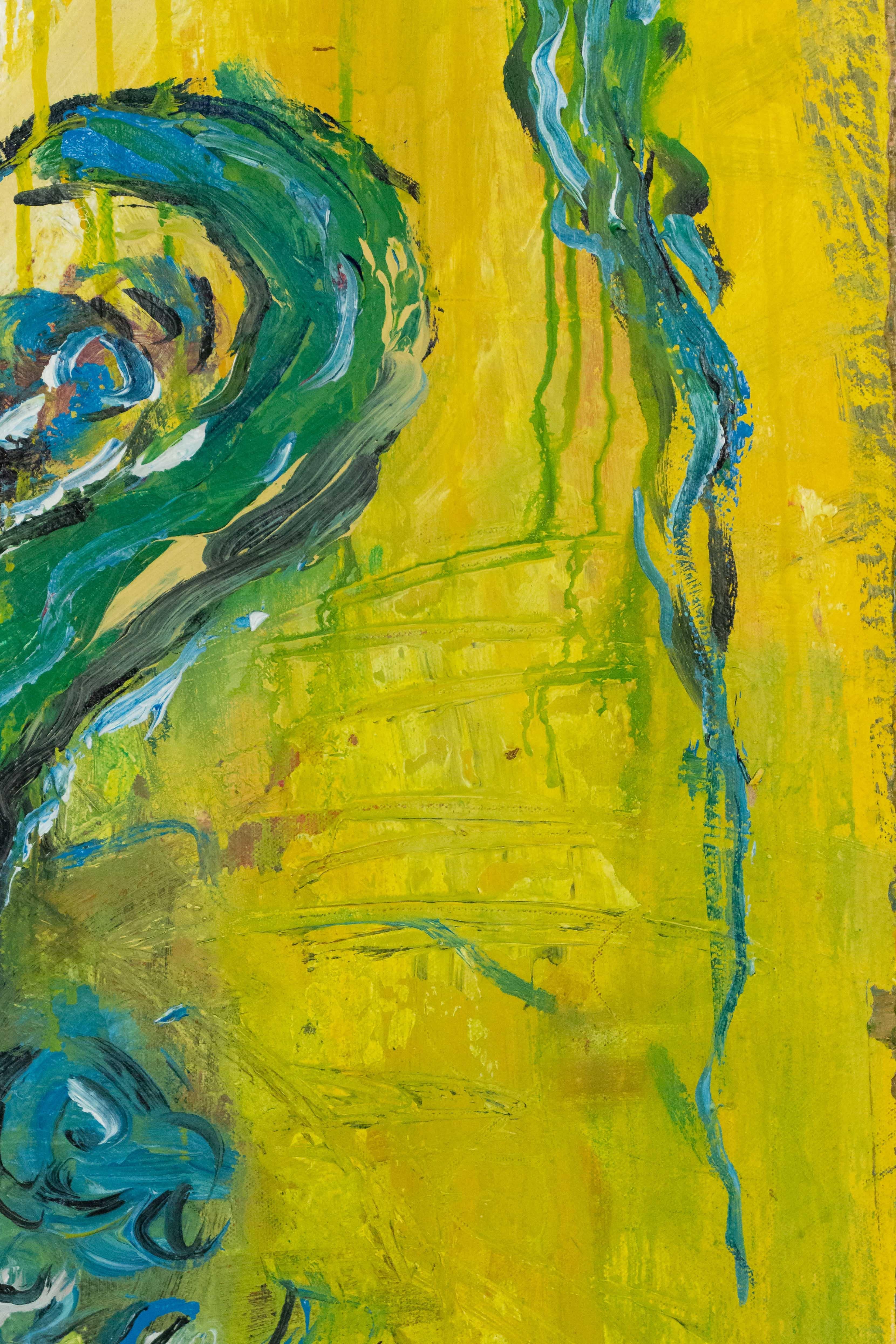 Naturaleza muerta abstracta de flores con fondo amarillo Moderno en venta