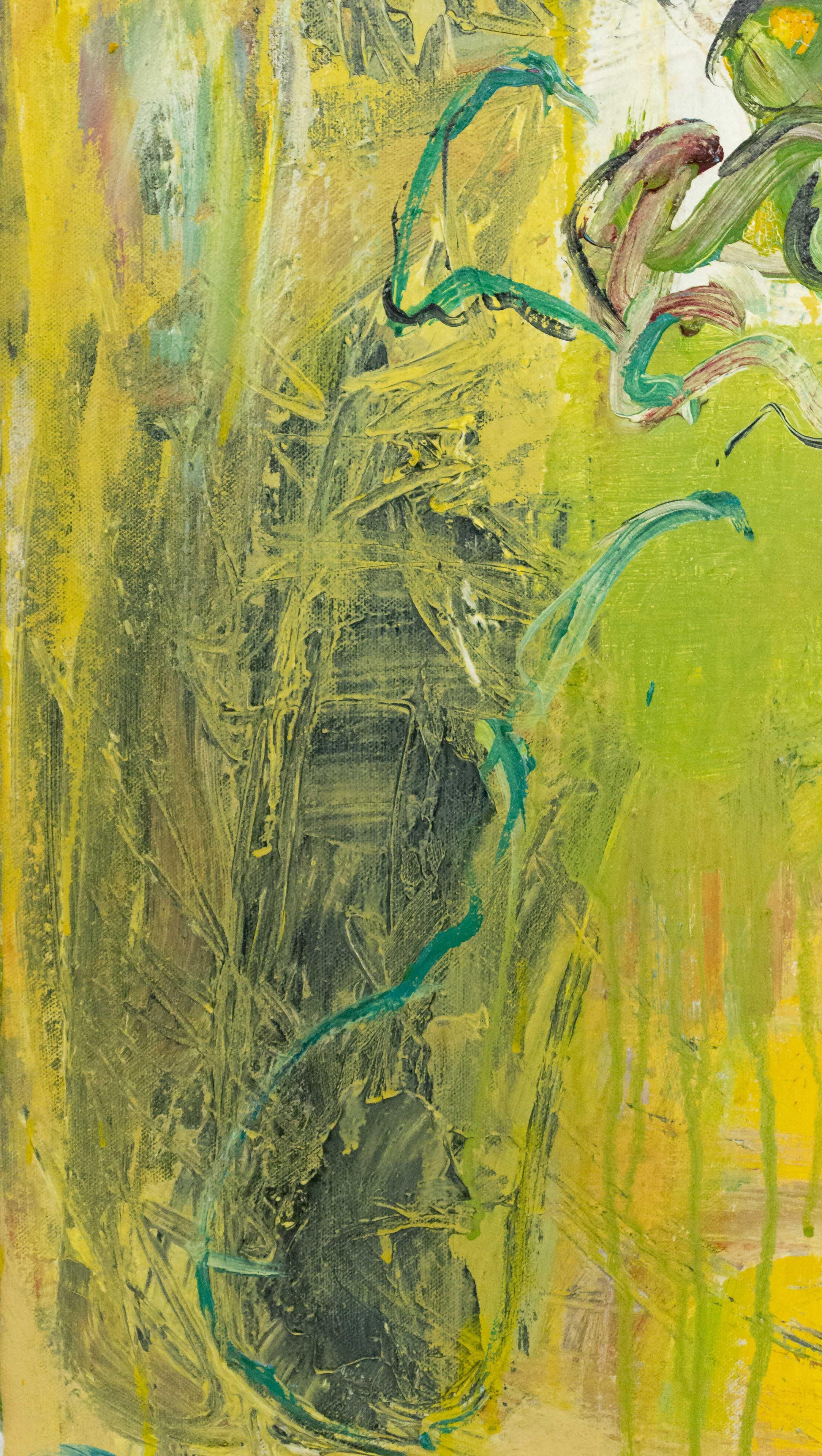 Naturaleza muerta abstracta de flores con fondo amarillo Hecho a mano en venta