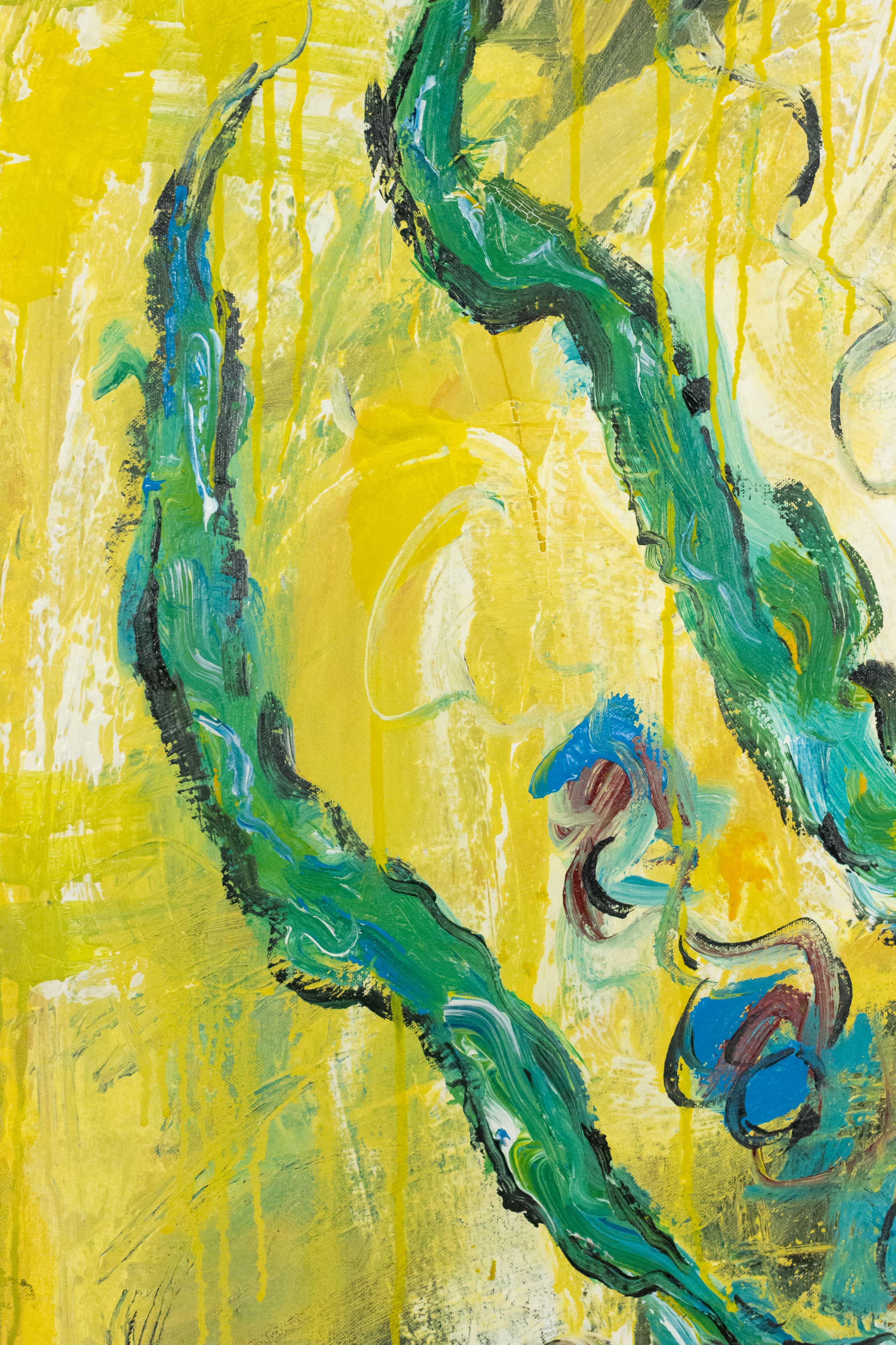 Naturaleza muerta abstracta de flores con fondo amarillo siglo XX en venta