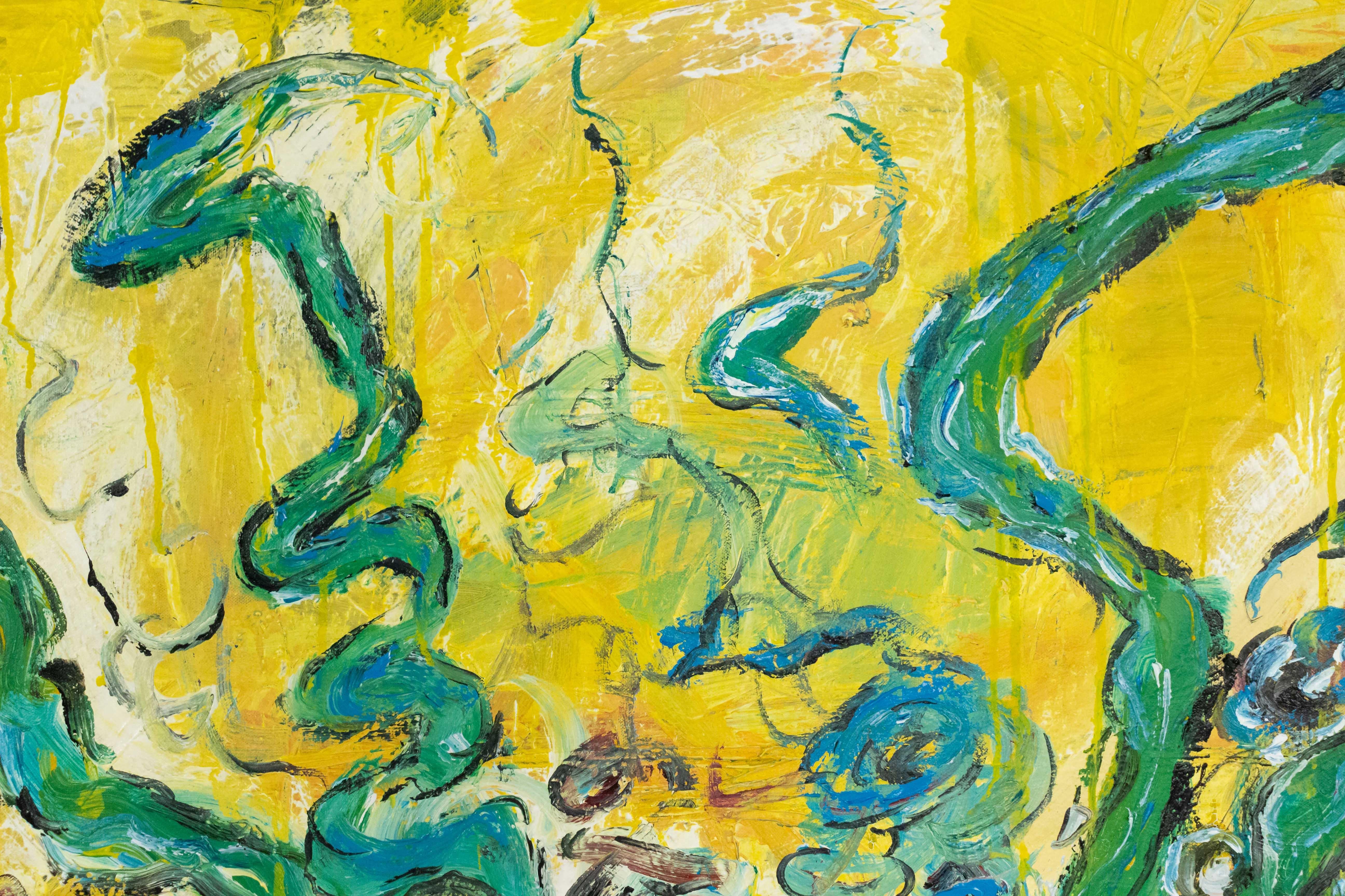 Naturaleza muerta abstracta de flores con fondo amarillo Lienzo en venta