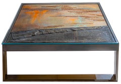 Coffee Table With Canvas, Copper and Weathered Lead Top in Stainless Steel Base