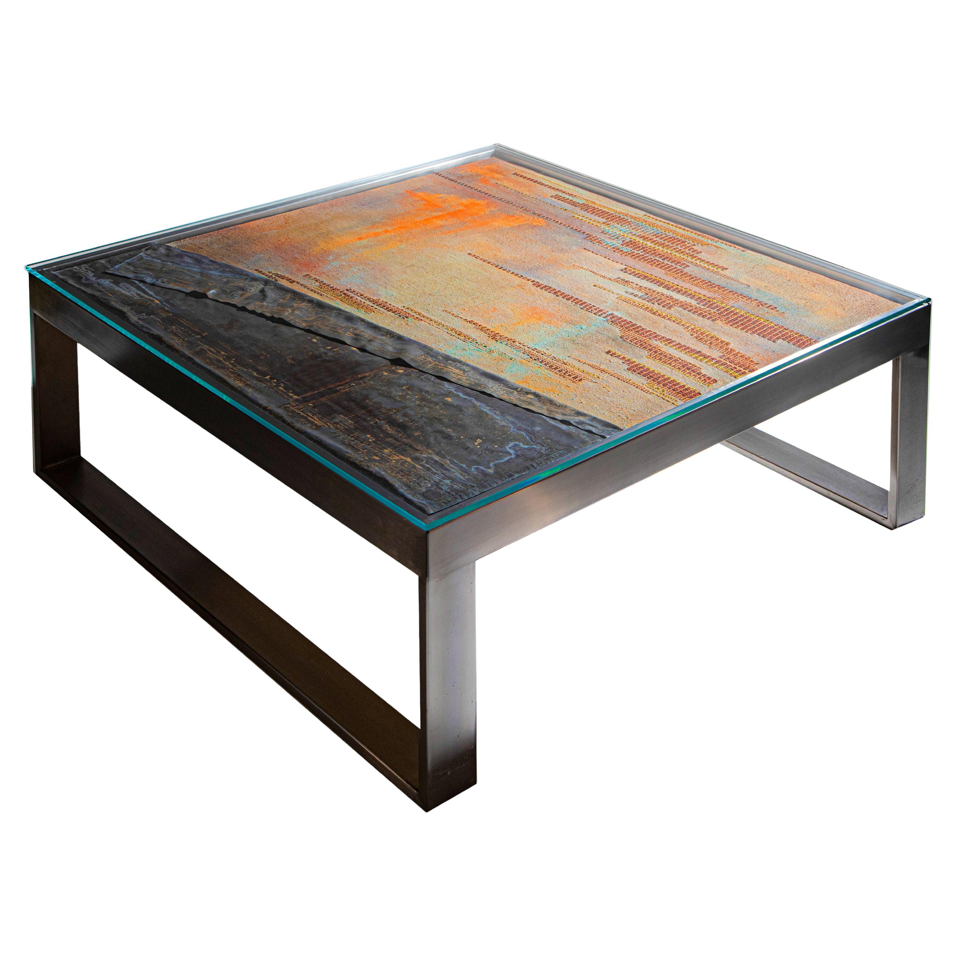 Coffee Table With Canvas, Copper and Weathered Lead Top in Stainless Steel Base For Sale
