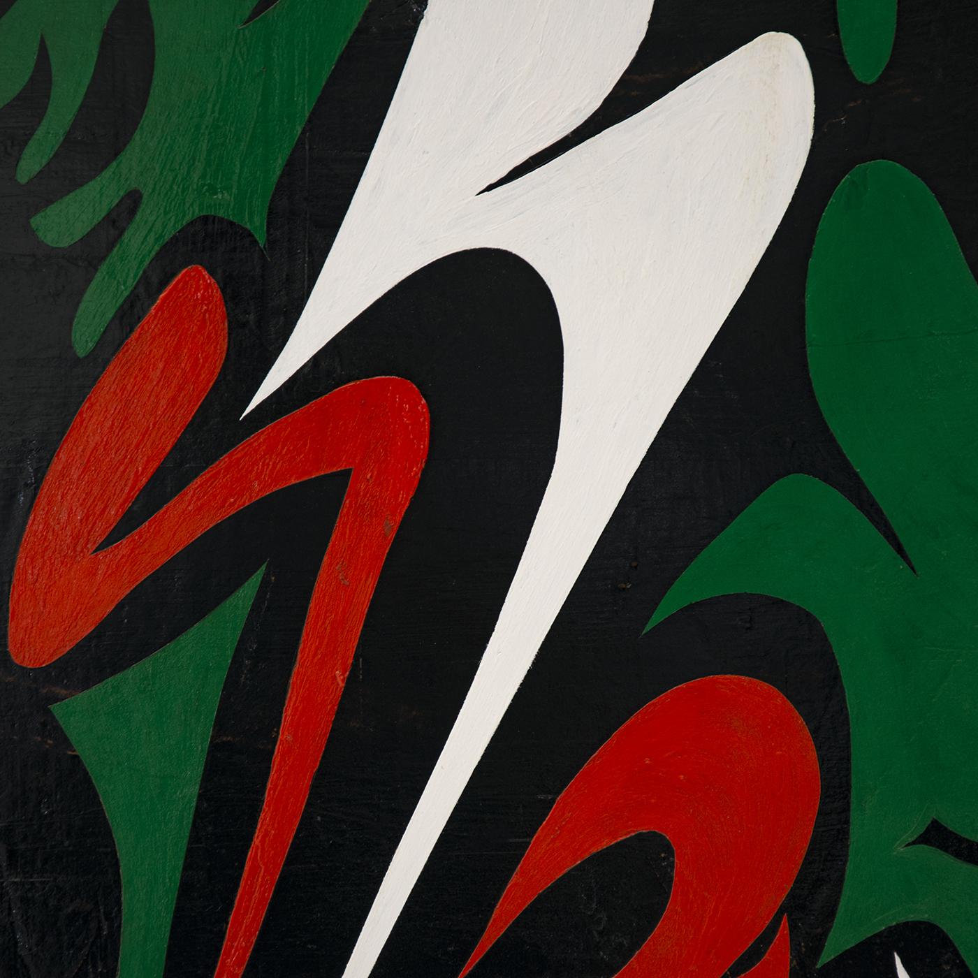 A unique display of dark green, red, white and black hues exquisitely mark this abstract wall panel. Distinguished by a stunning graphic quality, the piece is entirely handpainted in acrylic on a wooden surface, the black outlines between the colors