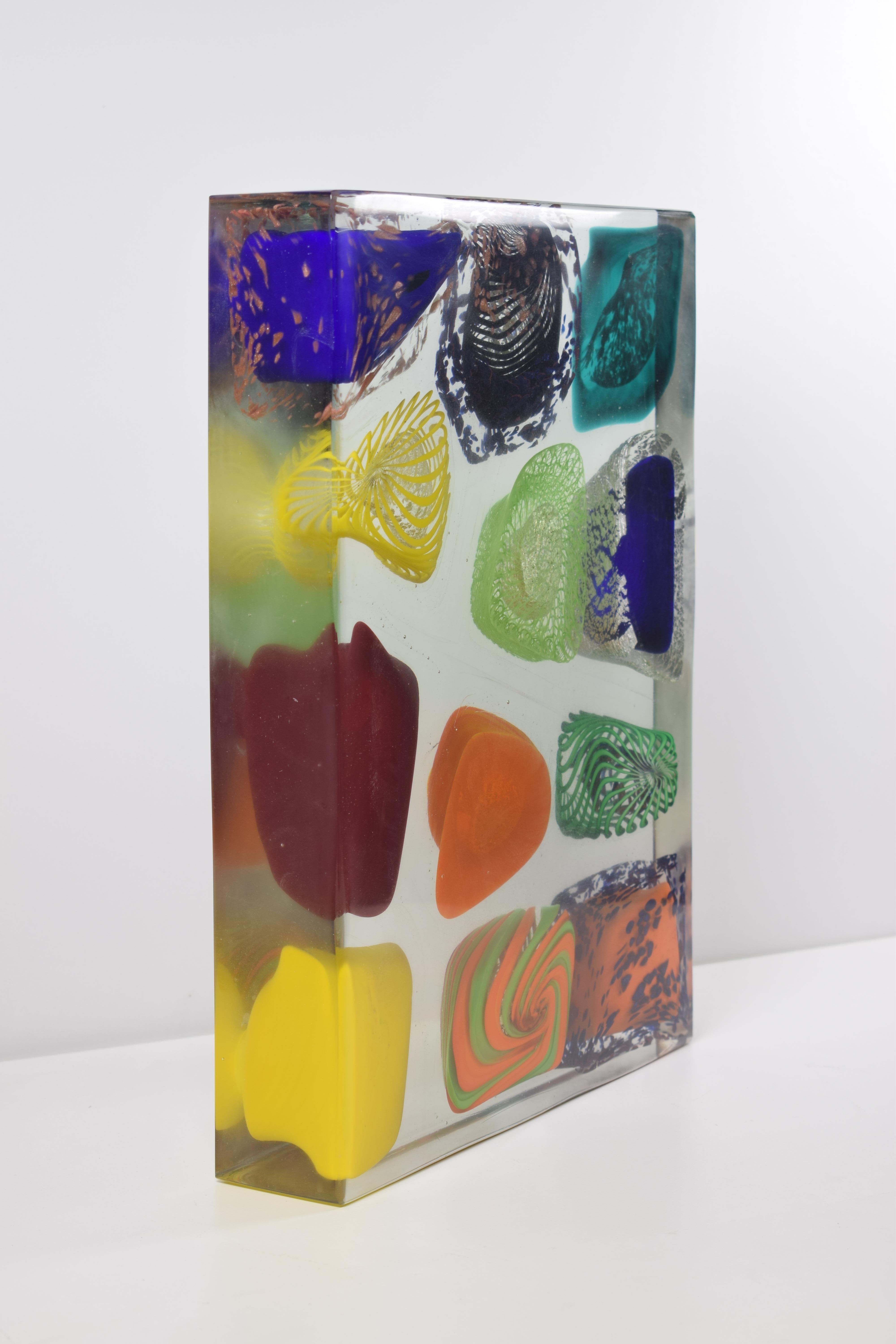 Murano artistic glass monolith. The Murano artistic glass sculpture is a creative and natural expression of the artist Eros Raffael, made with transparent and pastel glass rods, silver, pure gold, gold aventurine, zanfirico e filigrana with a