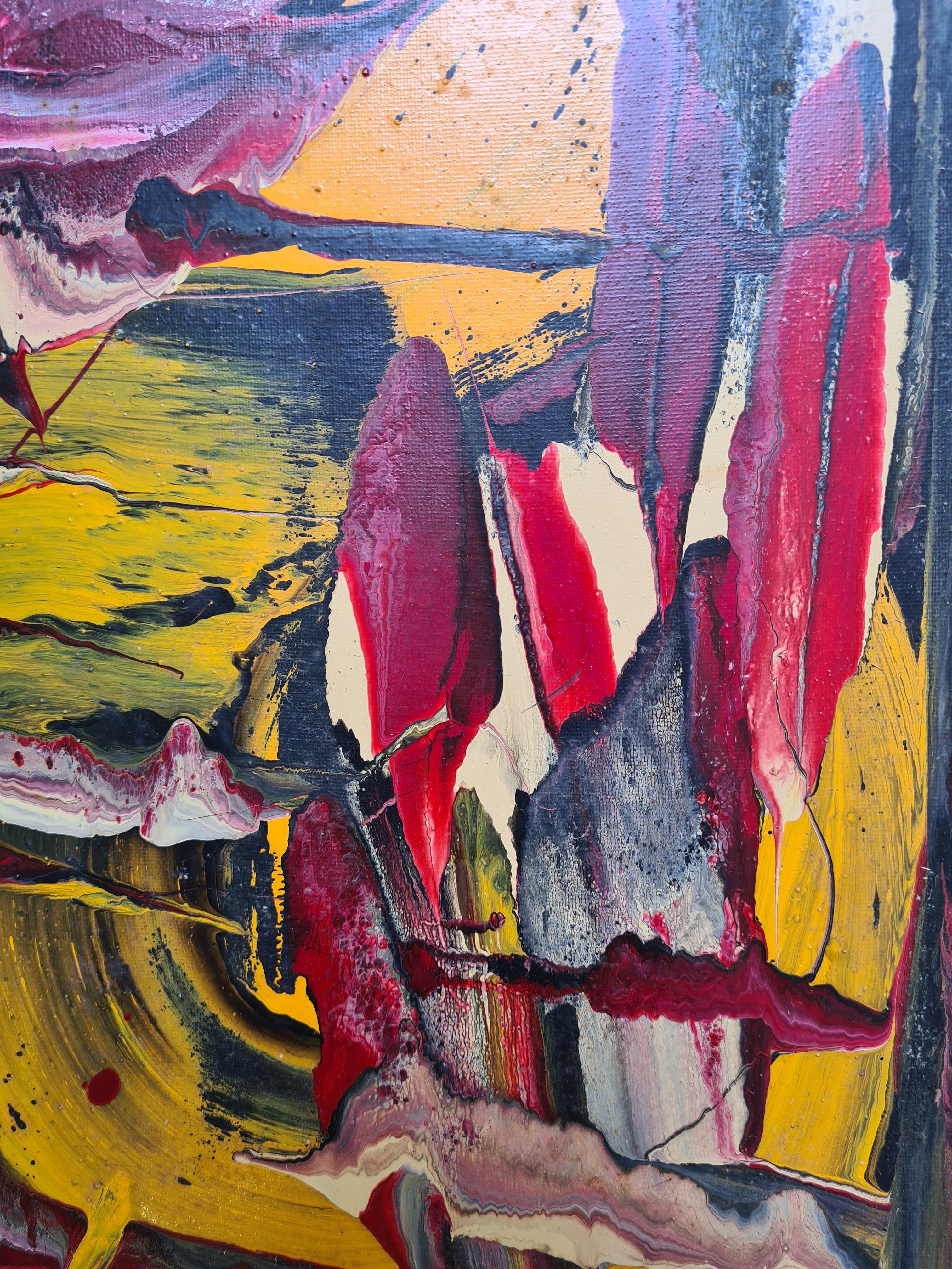 Französisch Ende des 20. Jahrhunderts Abstrakter Expressionist Öl auf Leinwand von Abstrus. Das Gemälde ist unten rechts signiert und auf dem hinteren Keilrahmen signiert, betitelt und datiert. Präsentiert in einem feinen schwarzen und vergoldeten