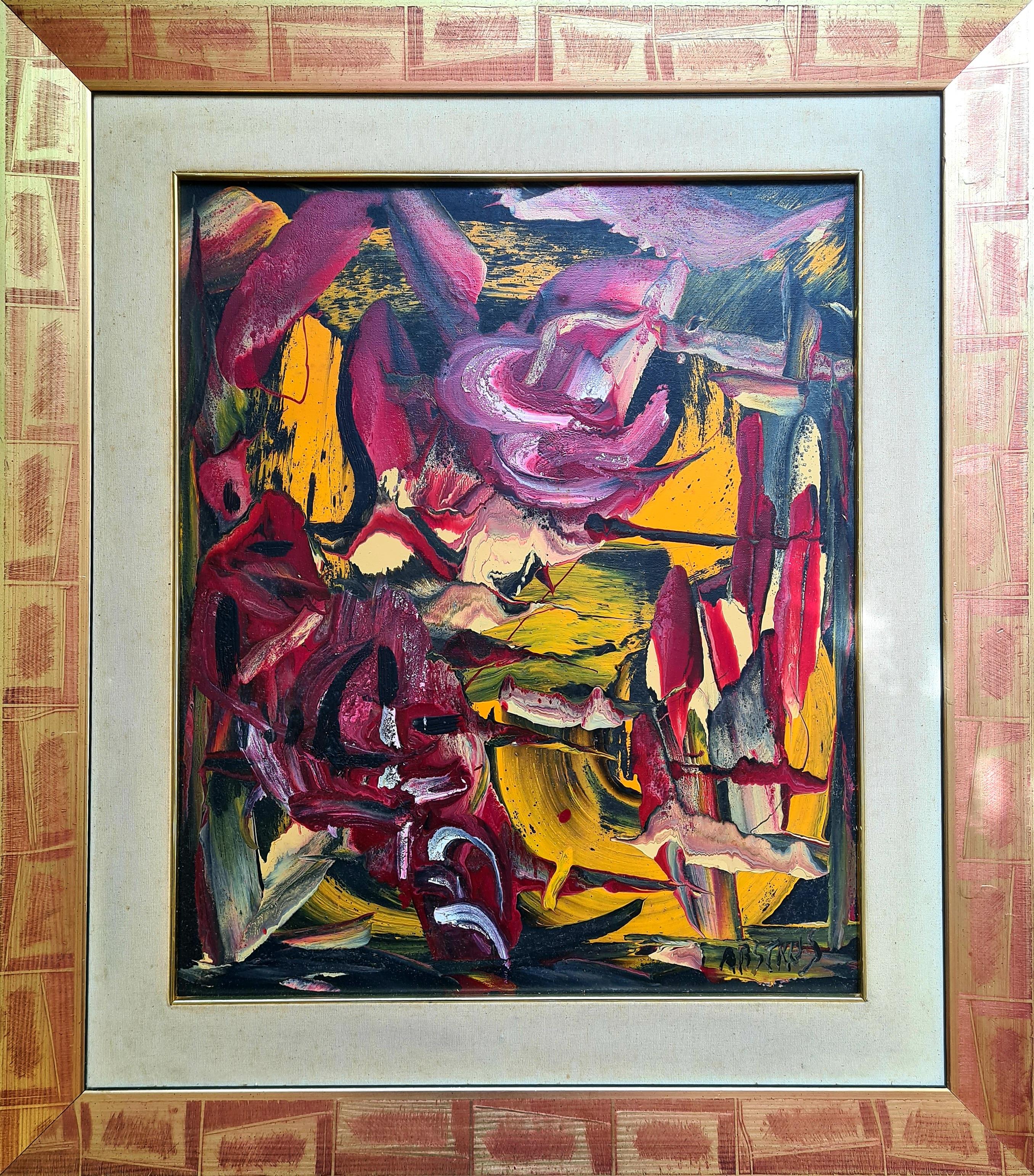 Abstrus Abstract Painting – Französischer abstrakter Expressionist Öl auf Leinwand, Les Alliance au Crepuscule