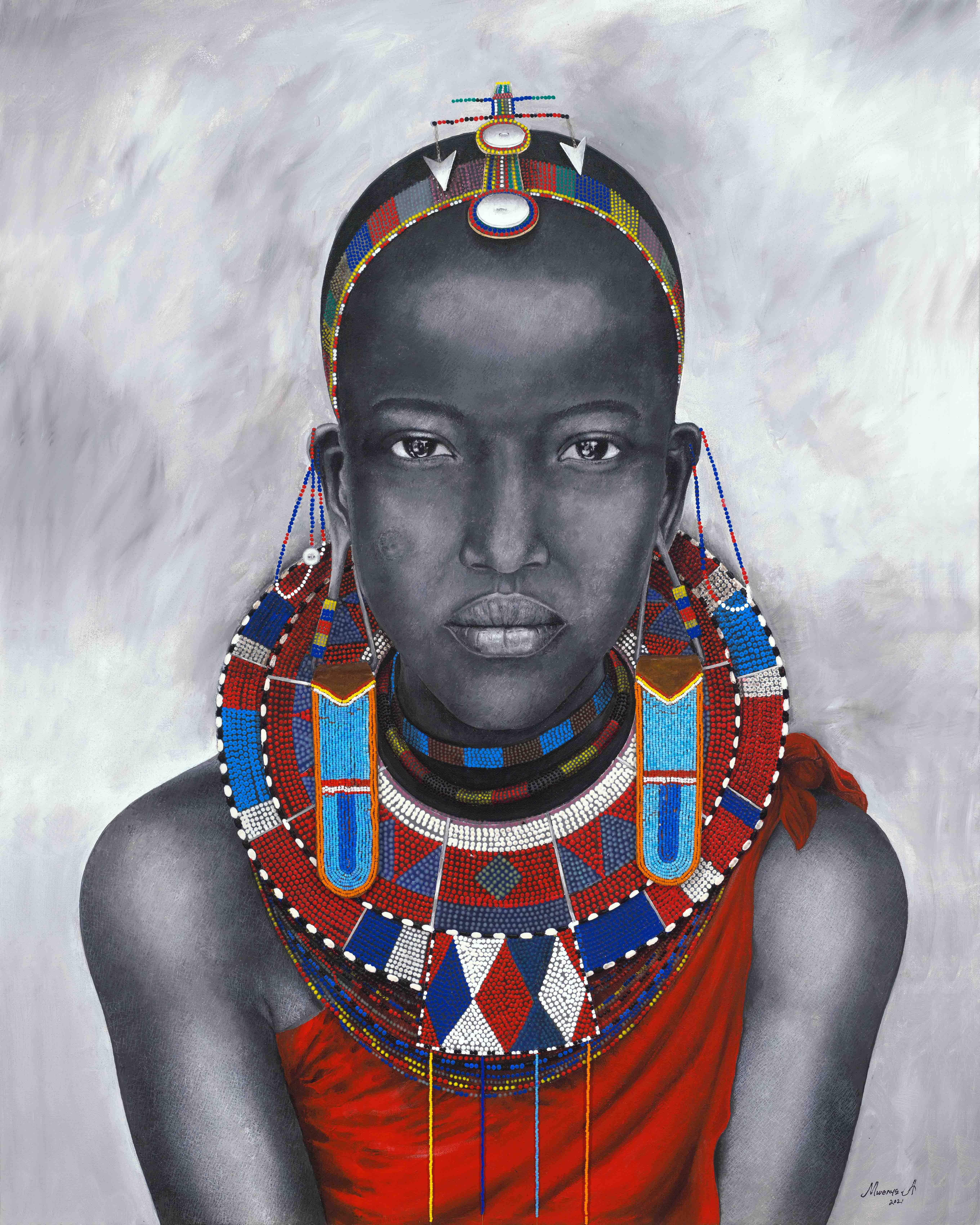 "Beauty in the Beads #4", portrait indigenous woman, hand strung beads, Masai - Mixed Media Art by Abu Mwenye