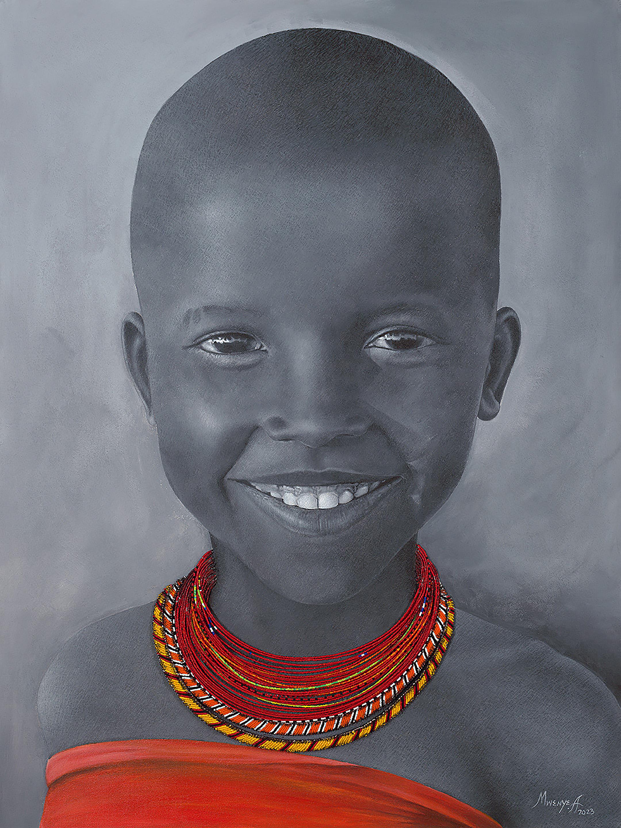"Schönheit in den Perlen #6", lächelndes Kind, indigen, handaufgereihte Perlen, Massai – Mixed Media Art von Abu Mwenye