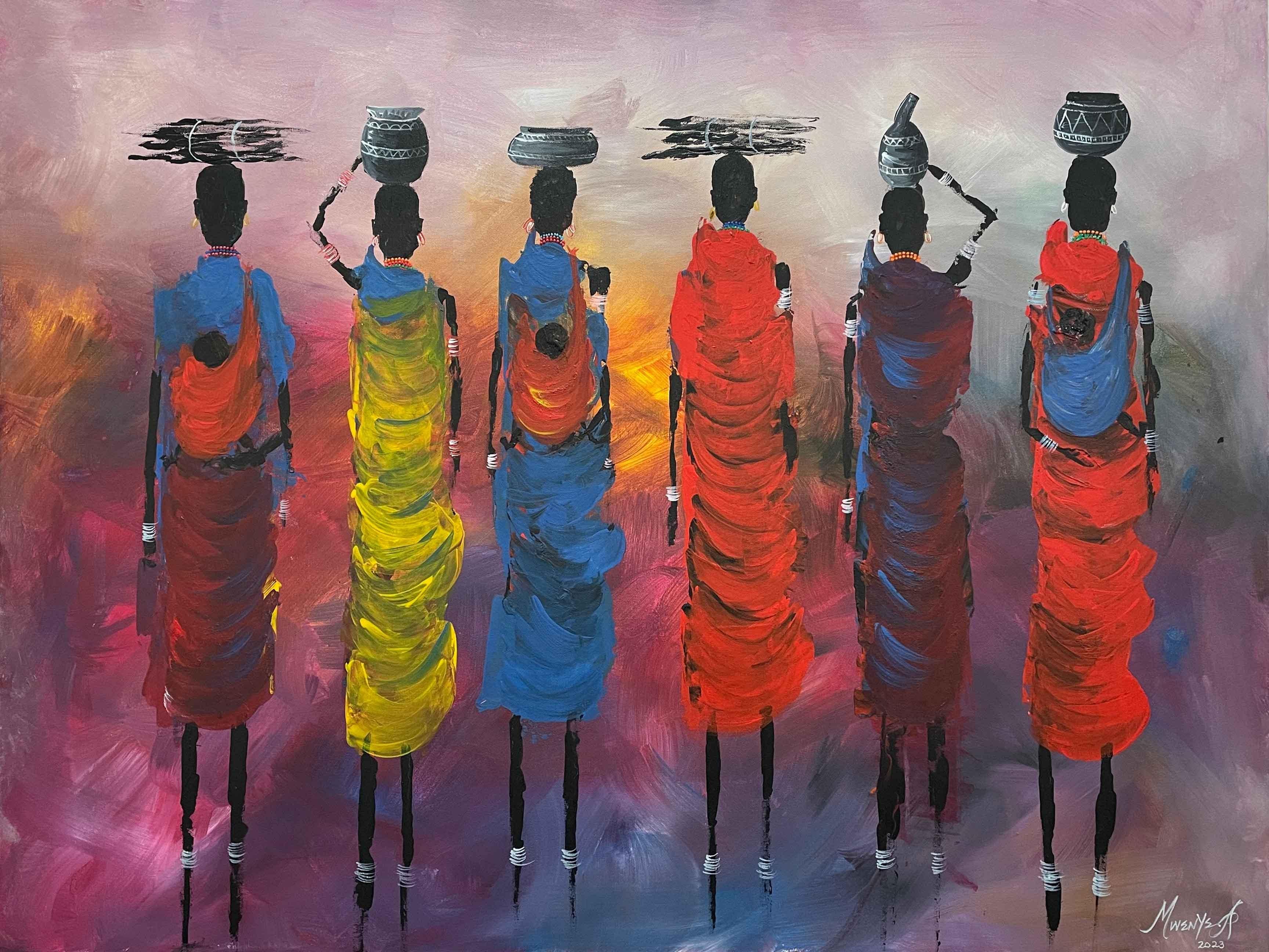 "Masai Frauen 2", Porträt indigene Frauen, Masai, afrikanisch, bunt, Gemeinschaft