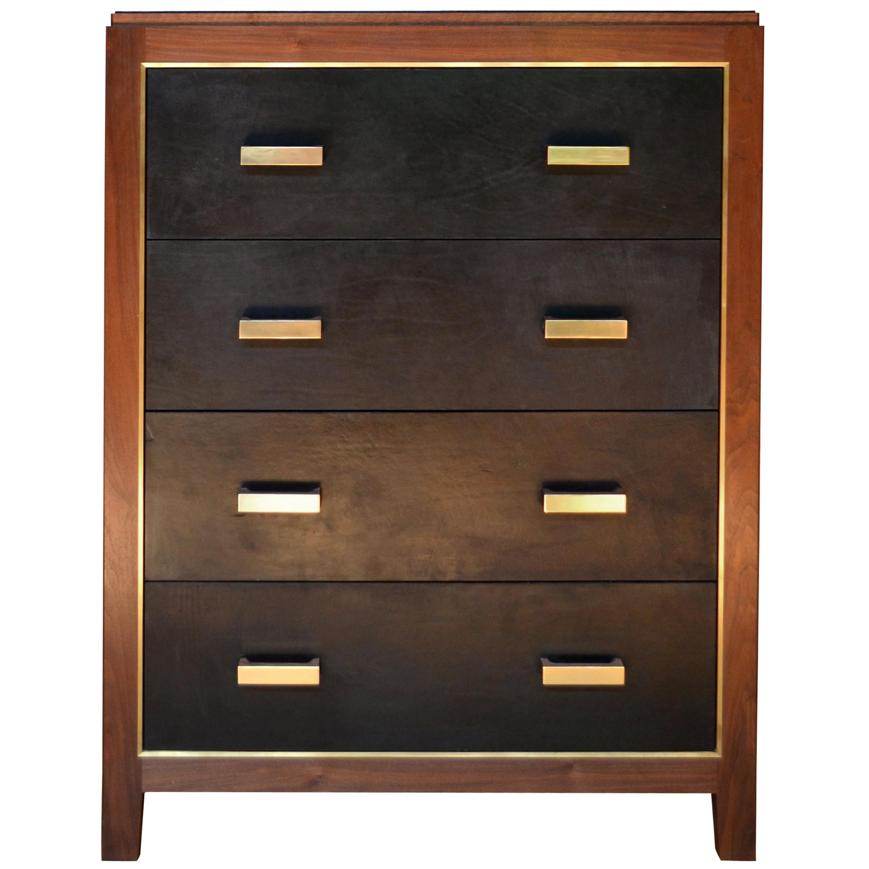 Abuelo Mexican Midcentury Four-Drawer Tall Bureau Walnut/Saddle Leather Dresser For Sale