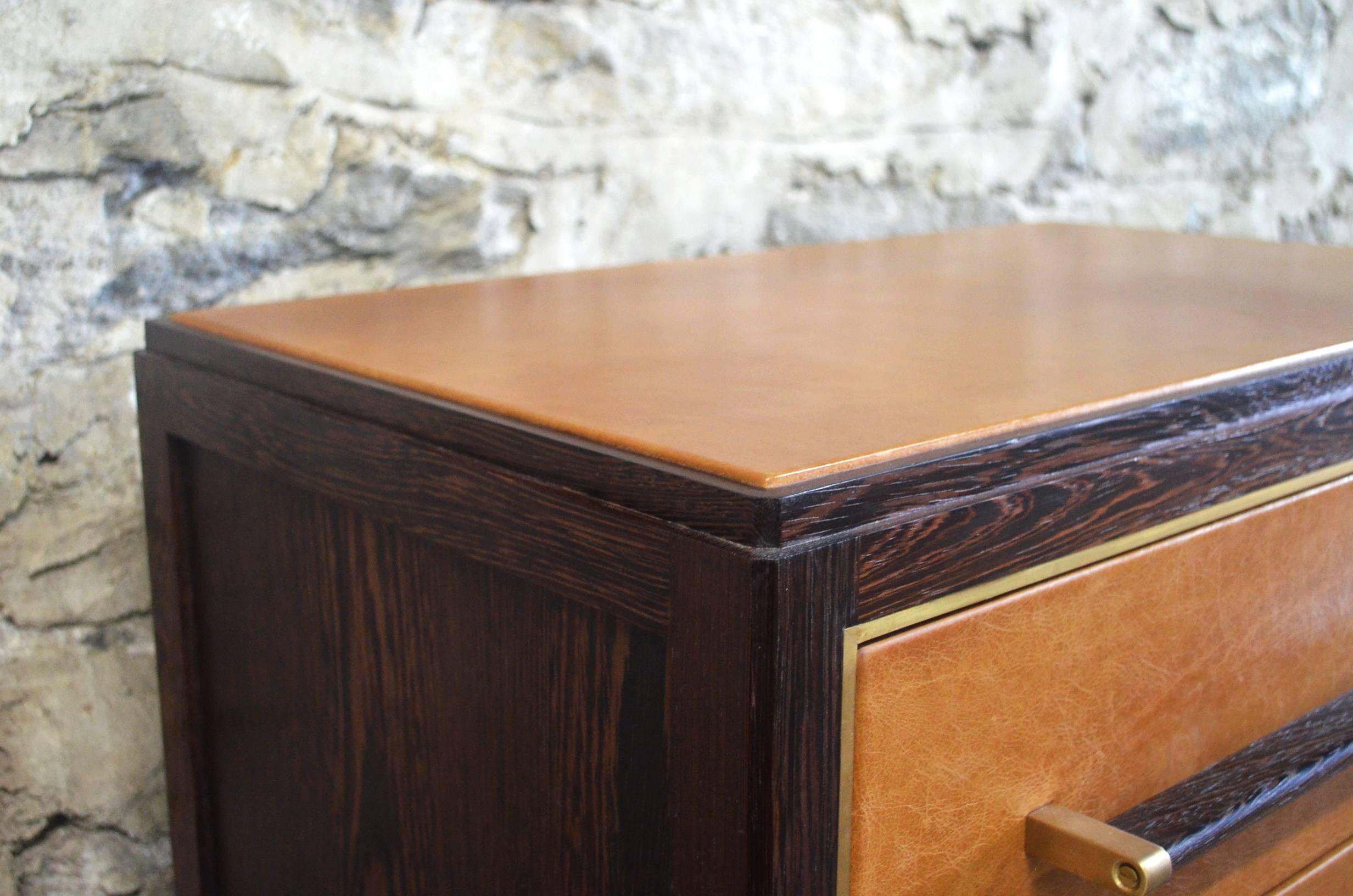 Abuelo Pedestal Nightstand in Oiled & Waxed Wenge with Leather and Brass Detail For Sale 3