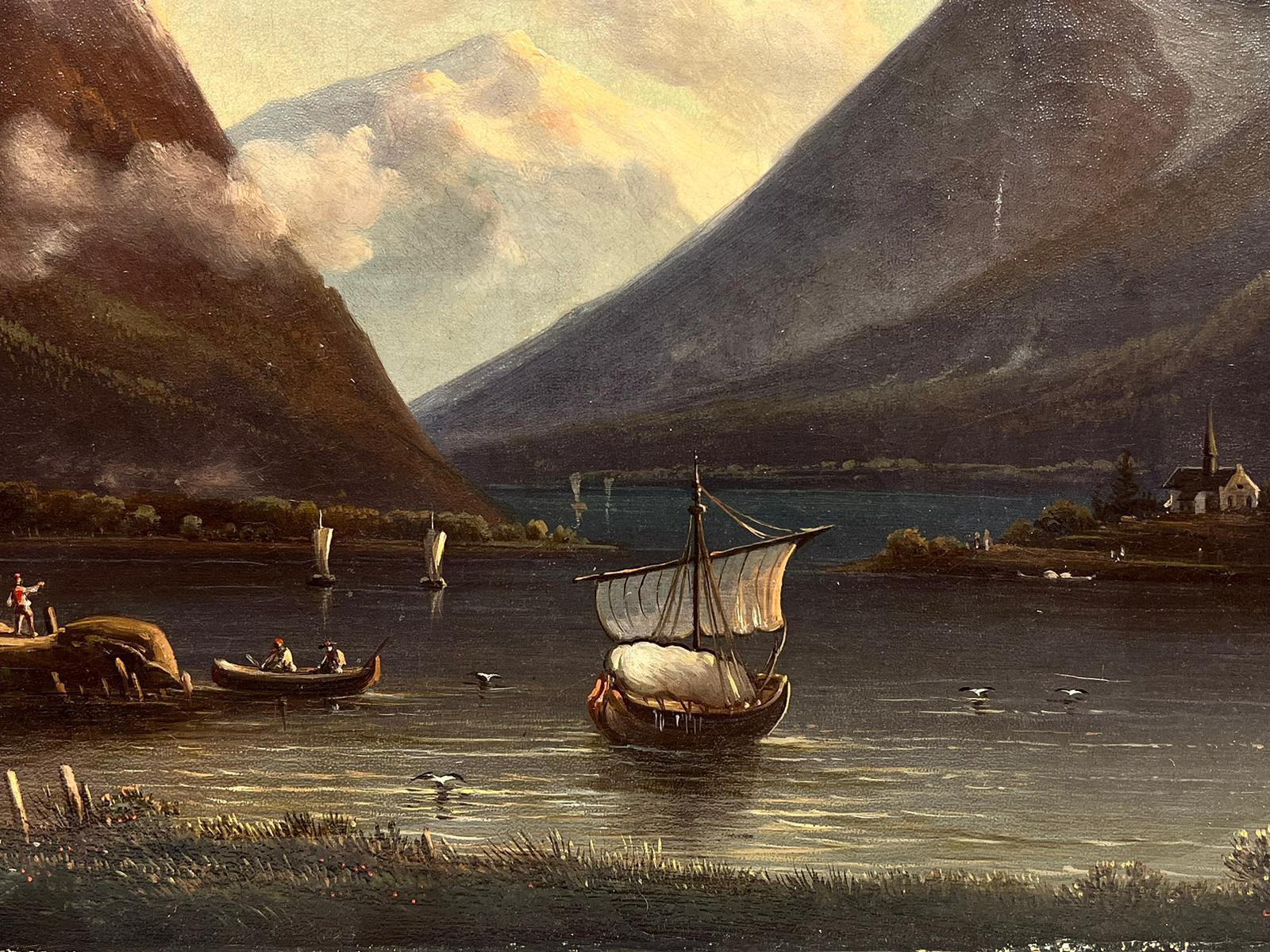 Paysage de lac allemand du 19ème siècle signé, bateaux à l'huile au crépuscule - Painting de A.Buker