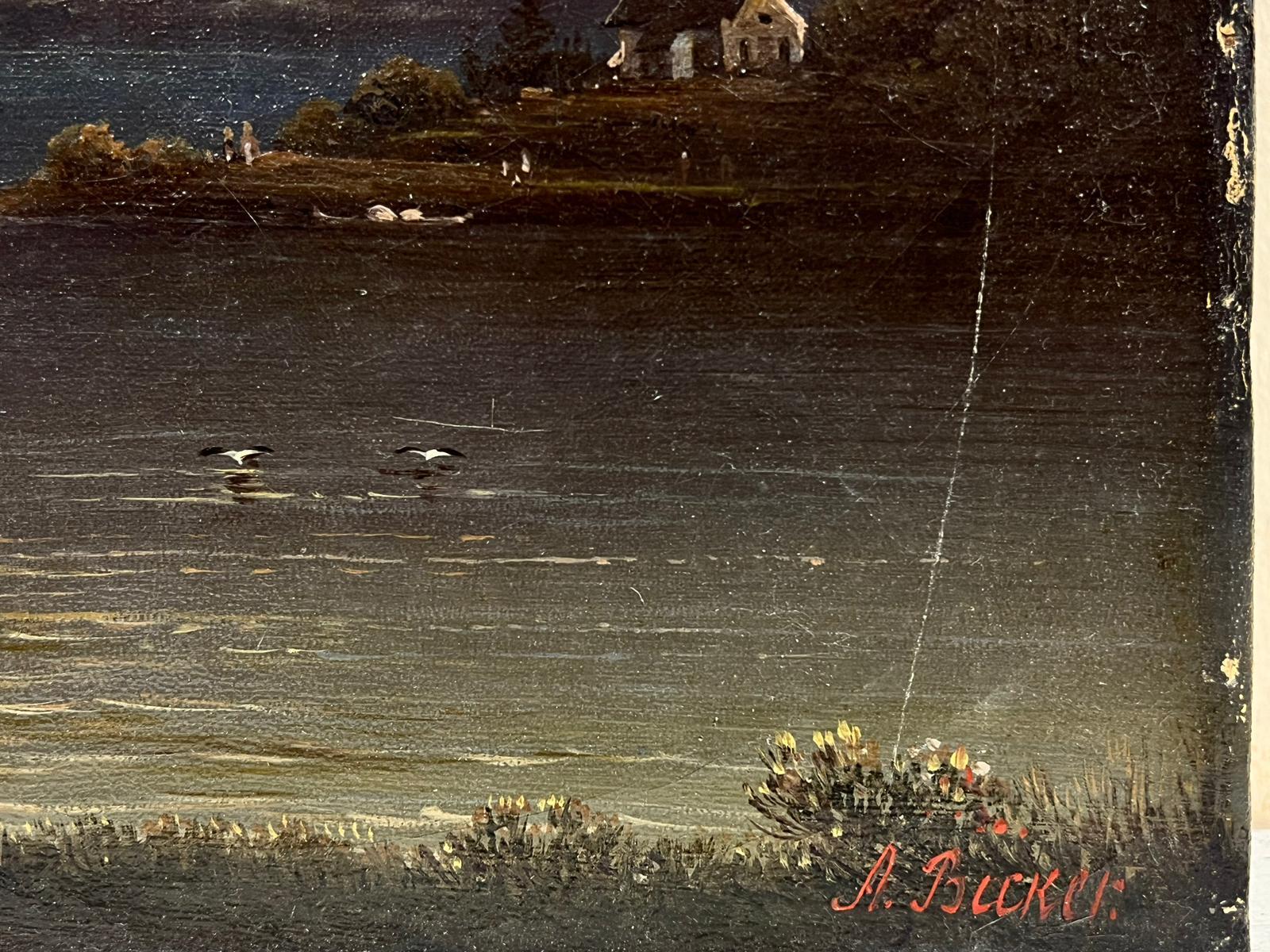 Paysage de lac allemand du 19ème siècle signé, bateaux à l'huile au crépuscule - Victorien Painting par A.Buker