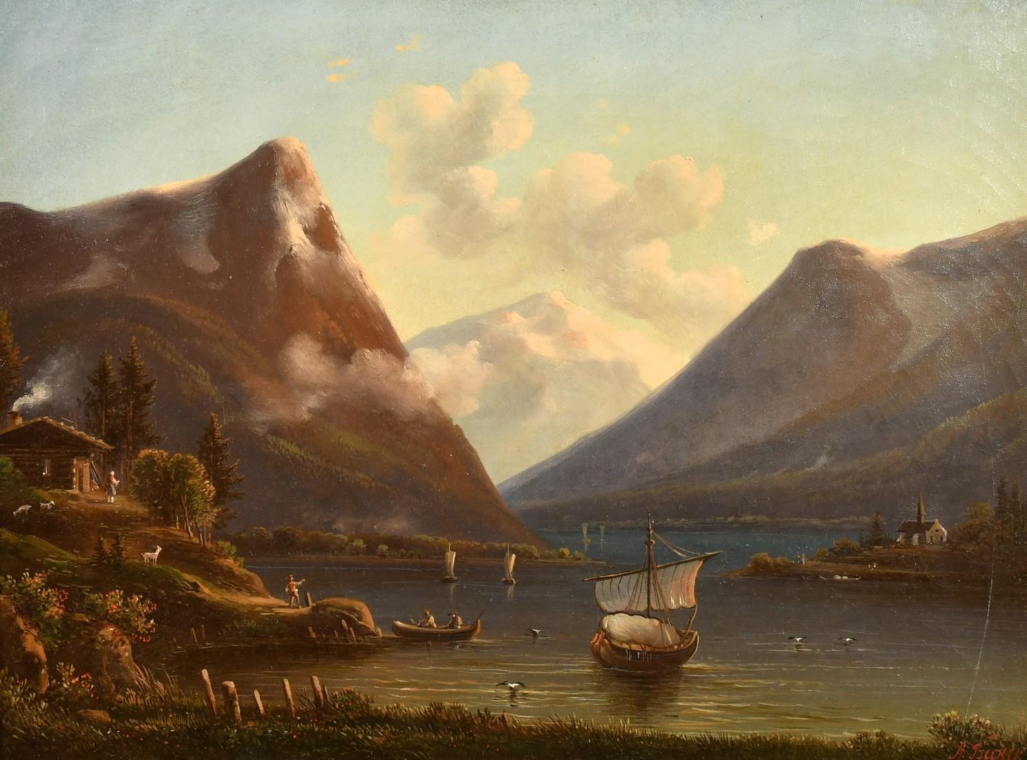 Landscape Painting A.Buker - Paysage de lac allemand du 19ème siècle signé, bateaux à l'huile au crépuscule