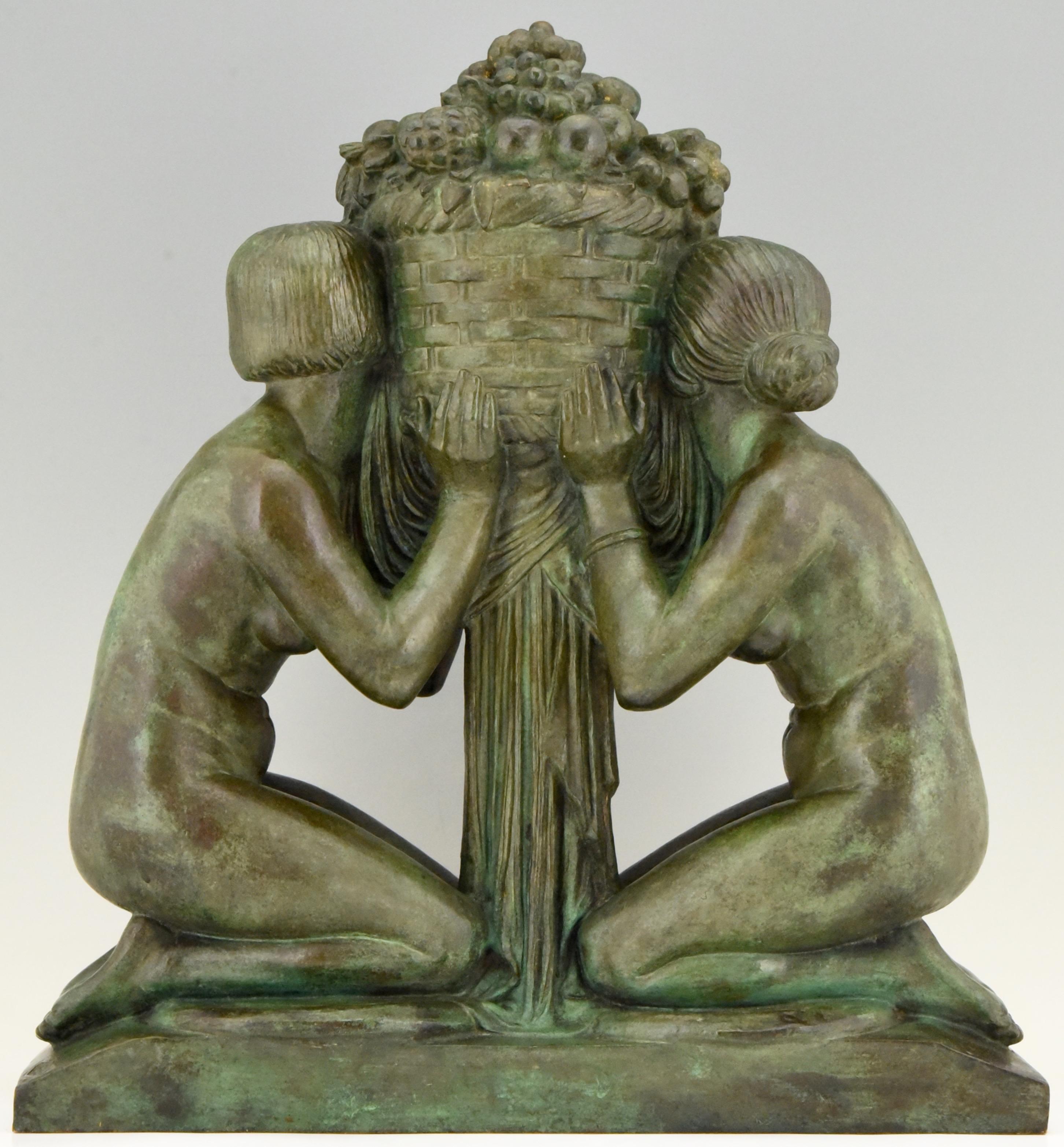 Patinated Abundance Art Deco Bronze Sculpture Two Nudes with Basket by Pierre Lenoir, 1920