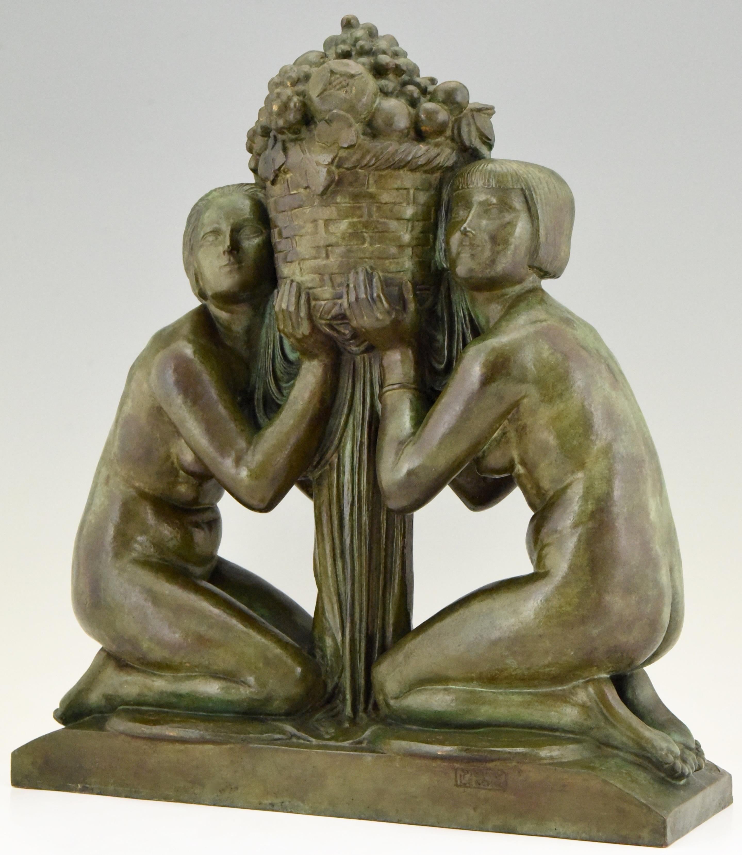 Abundance Art Deco Bronze Sculpture Two Nudes with Basket by Pierre Lenoir, 1920 1