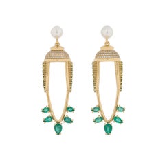 Abundance Earrings in 18 Karat Gold with Diamonds, Emeralds And Pearls