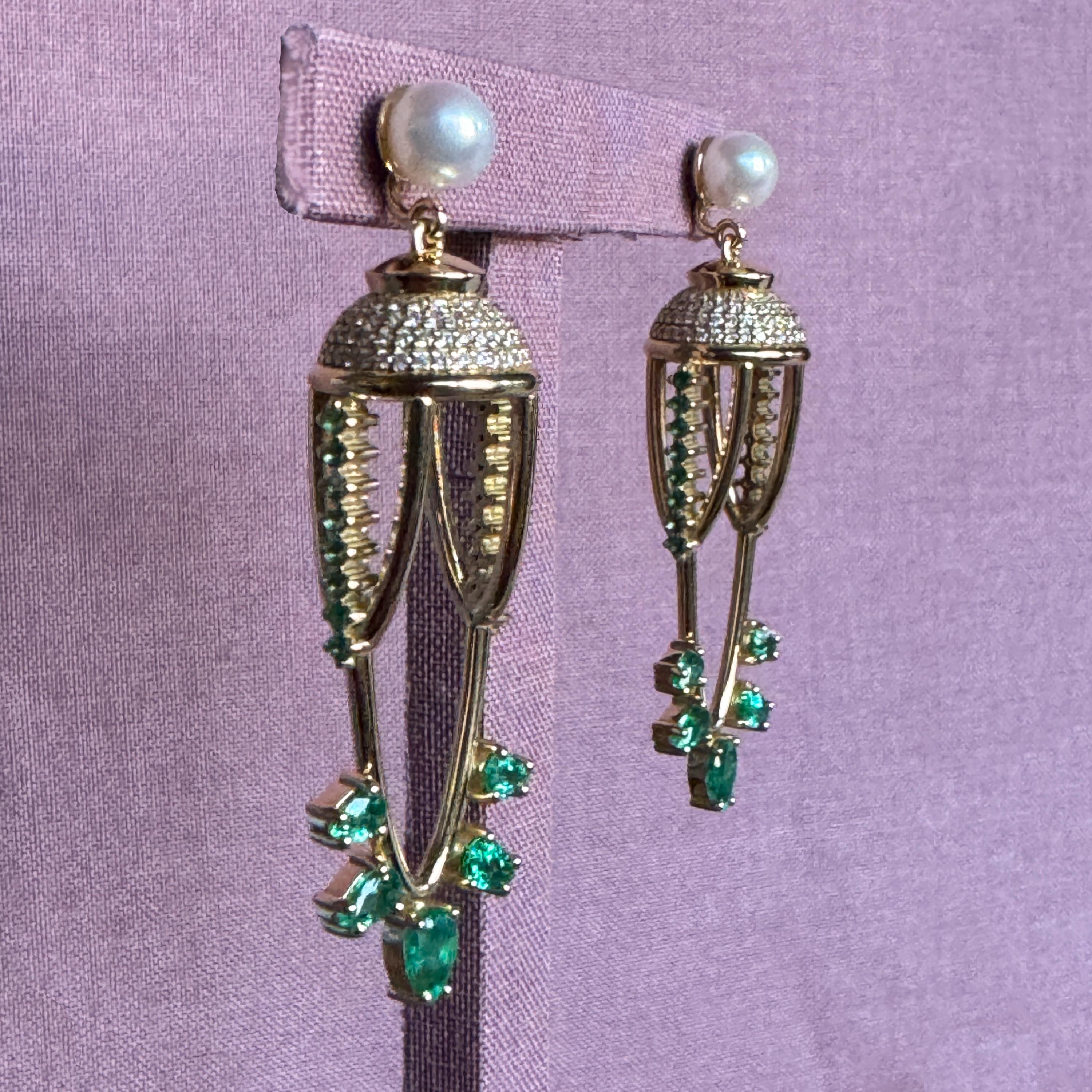 Contemporary Abundance Earrings in 18 Karat Gold with Diamonds, Emeralds And Pearls For Sale