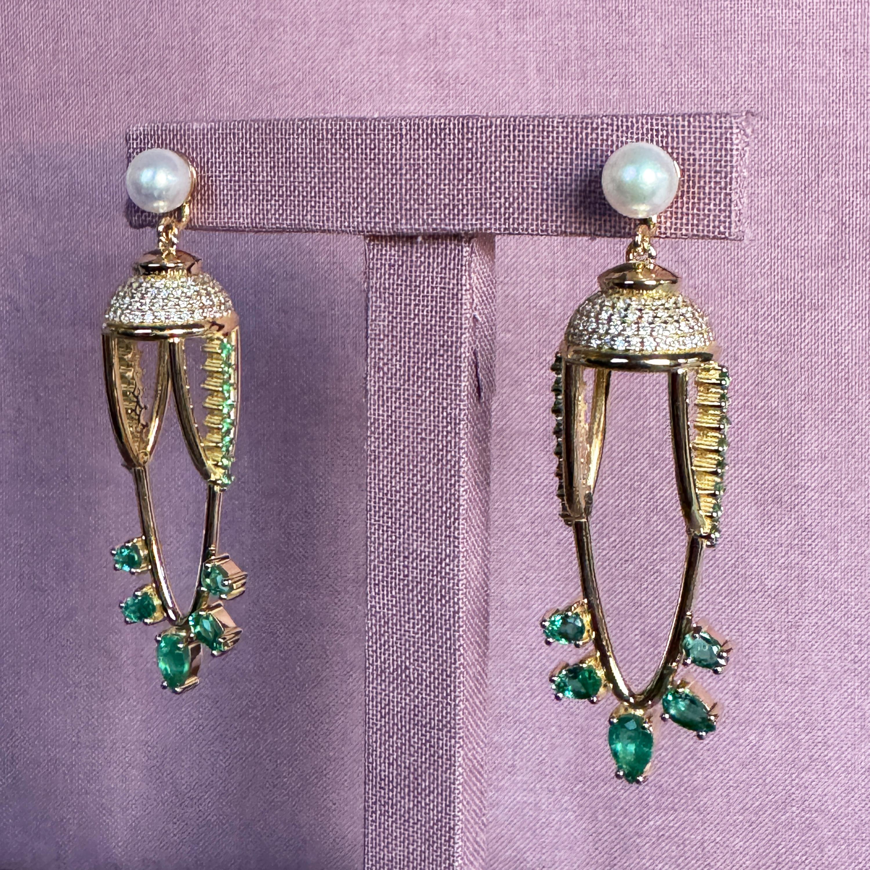 Pear Cut Abundance Earrings in 18 Karat Gold with Diamonds, Emeralds And Pearls For Sale