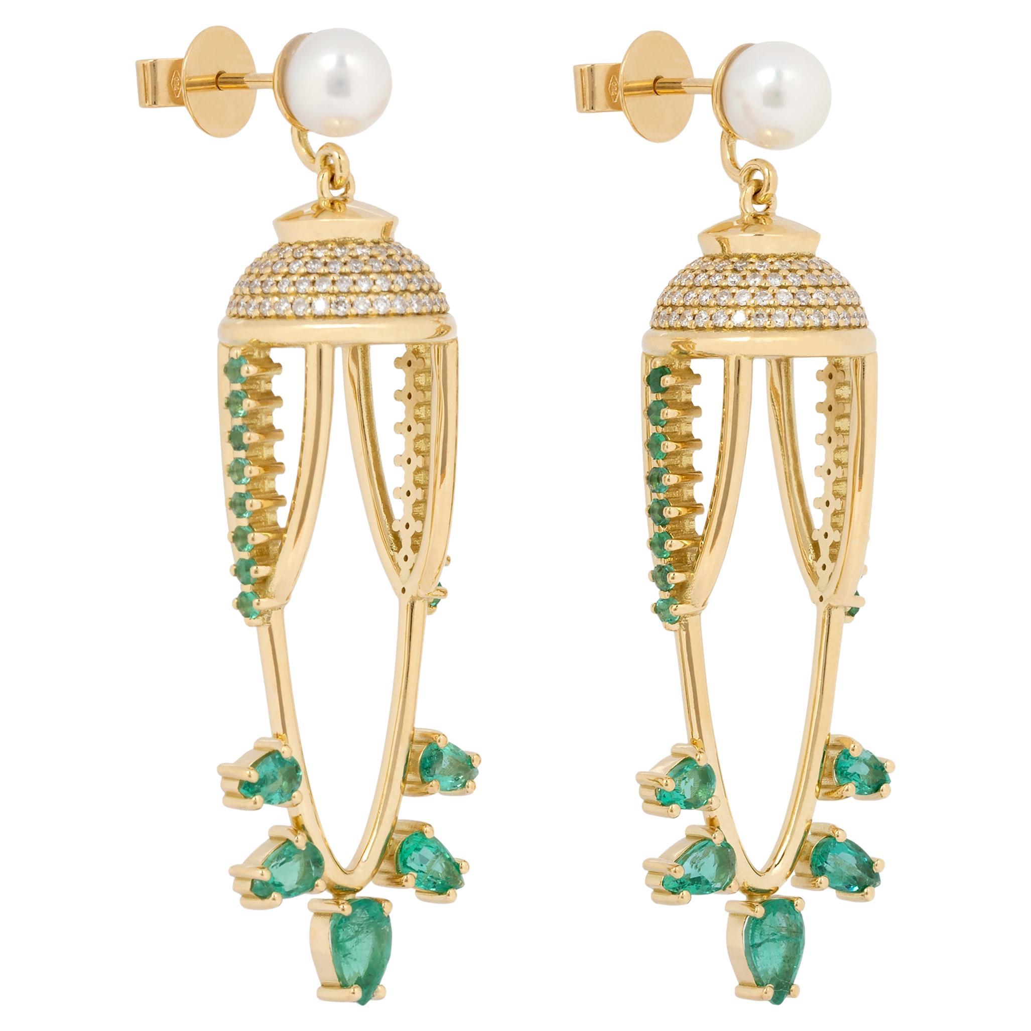 Abundance Earrings in 18 Karat Gold with Diamonds, Emeralds And Pearls For Sale