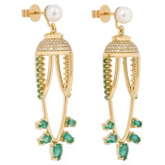 Abundance Earrings in 18 Karat Gold with Diamonds, Emeralds And Pearls